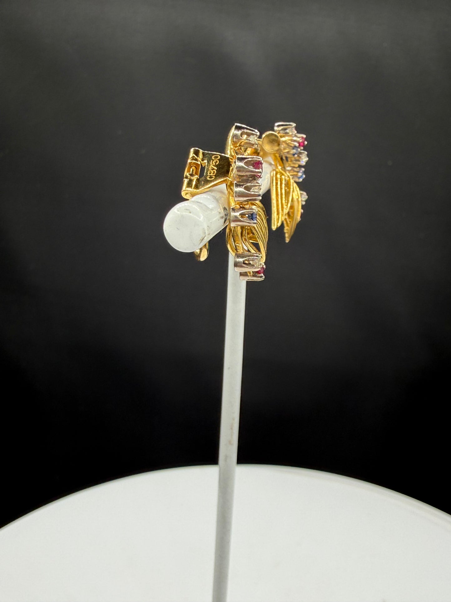 Vintage 18K Gold Diamond, Ruby & Sapphire Clip-On Earrings