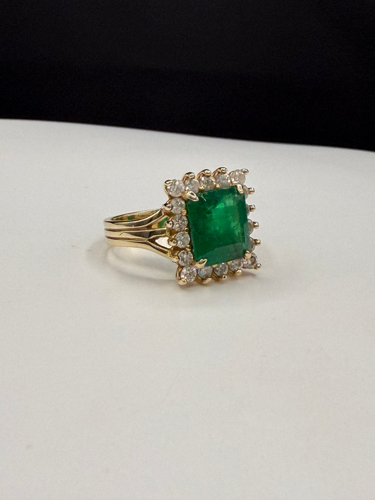 4.28 Carat Natural Emerald and Diamond Halo 14k Yellow Gold Ring | 3.74 Ct Emerald | 0.54 Ct Diamond