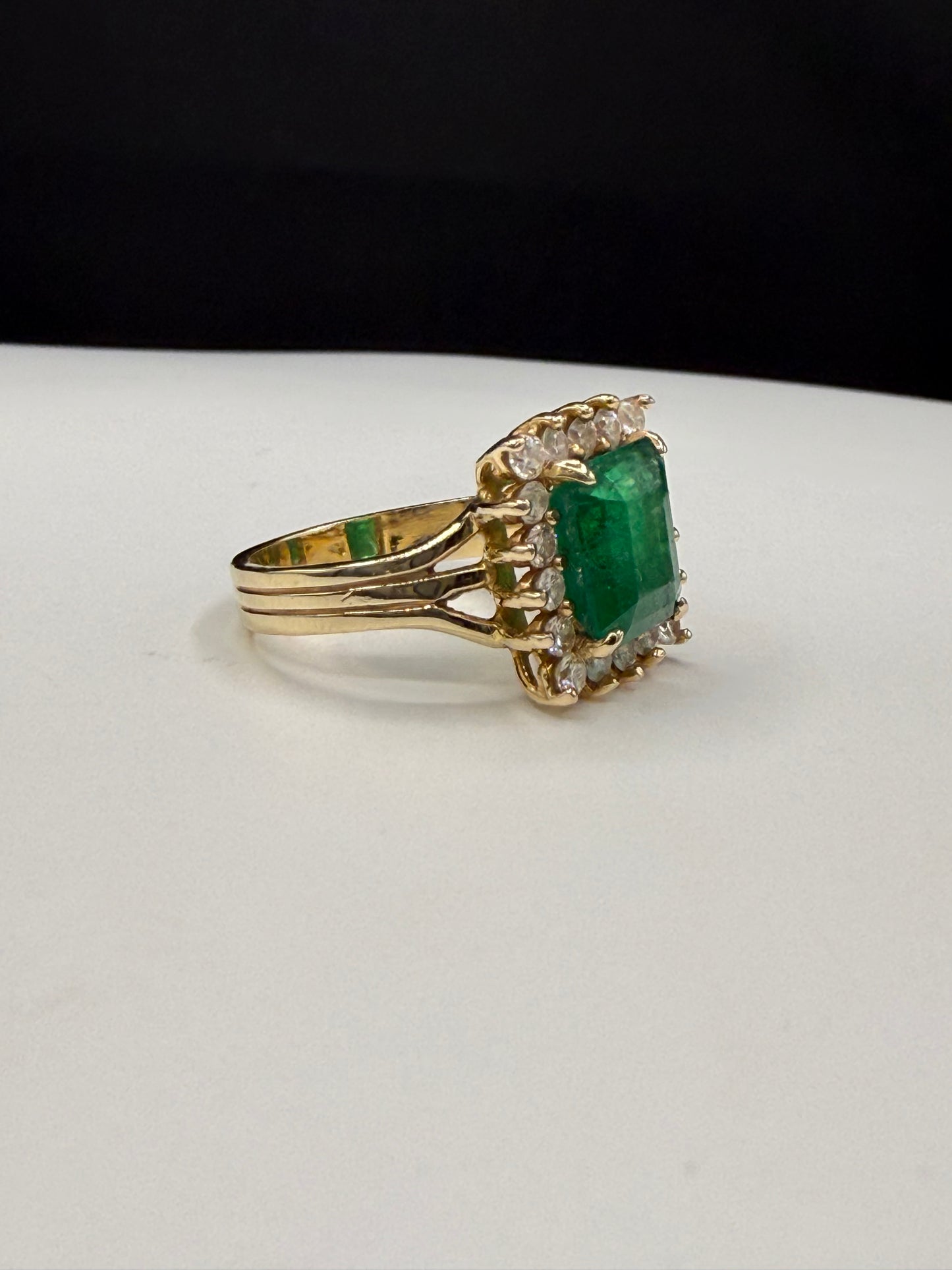 4.28 Carat Natural Emerald and Diamond Halo 14k Yellow Gold Ring | 3.74 Ct Emerald | 0.54 Ct Diamond