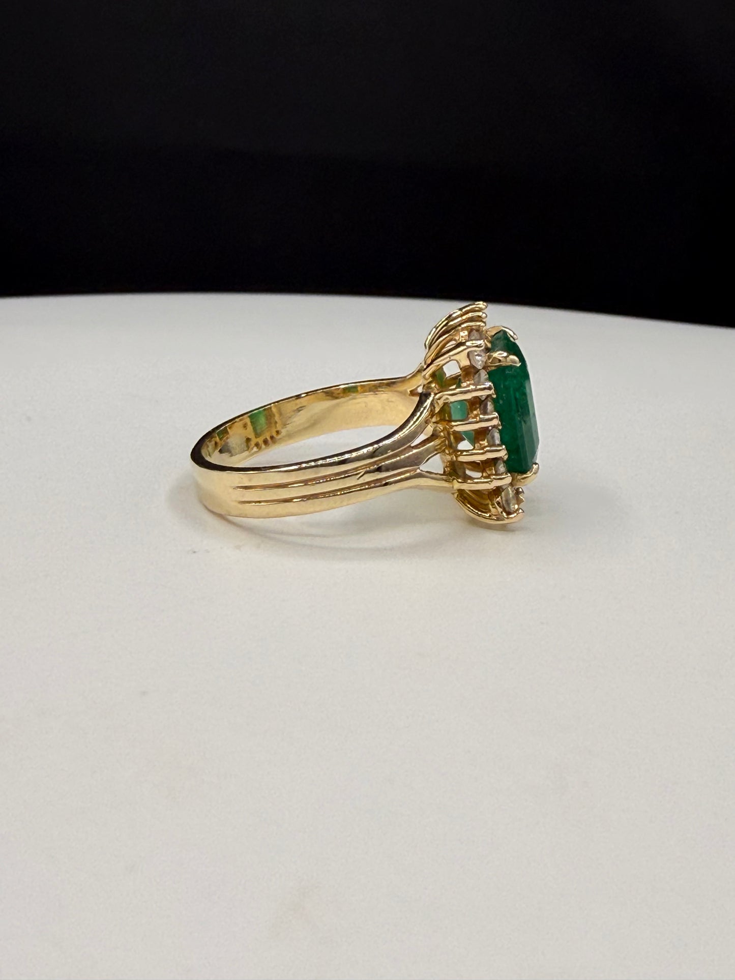 4.28 Carat Natural Emerald and Diamond Halo 14k Yellow Gold Ring | 3.74 Ct Emerald | 0.54 Ct Diamond