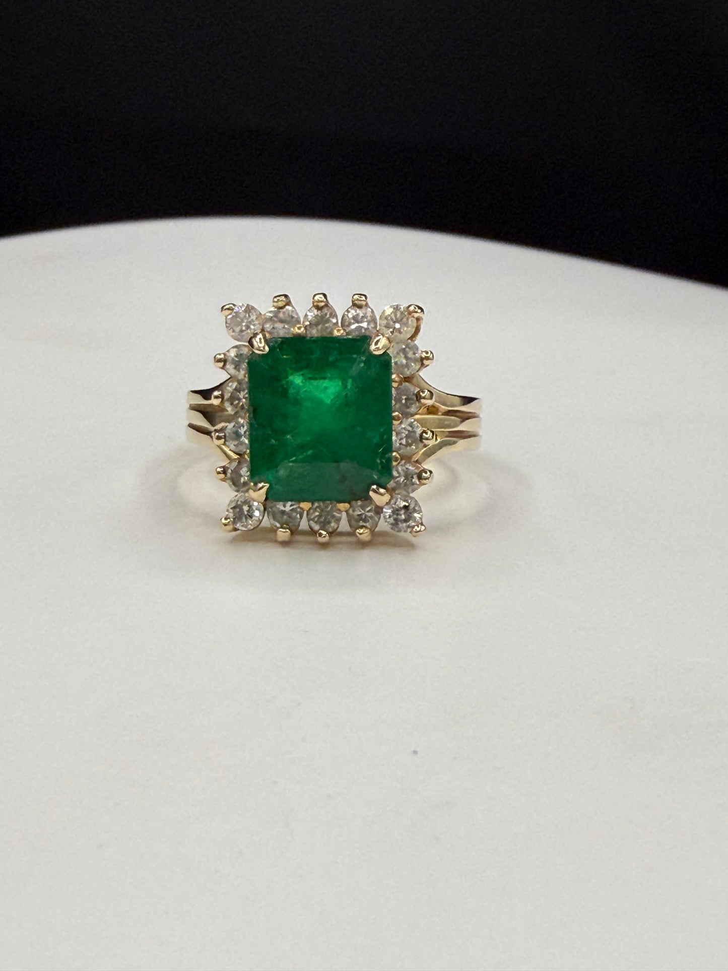 4.28 Carat Natural Emerald and Diamond Halo 14k Yellow Gold Ring | 3.74 Ct Emerald | 0.54 Ct Diamond