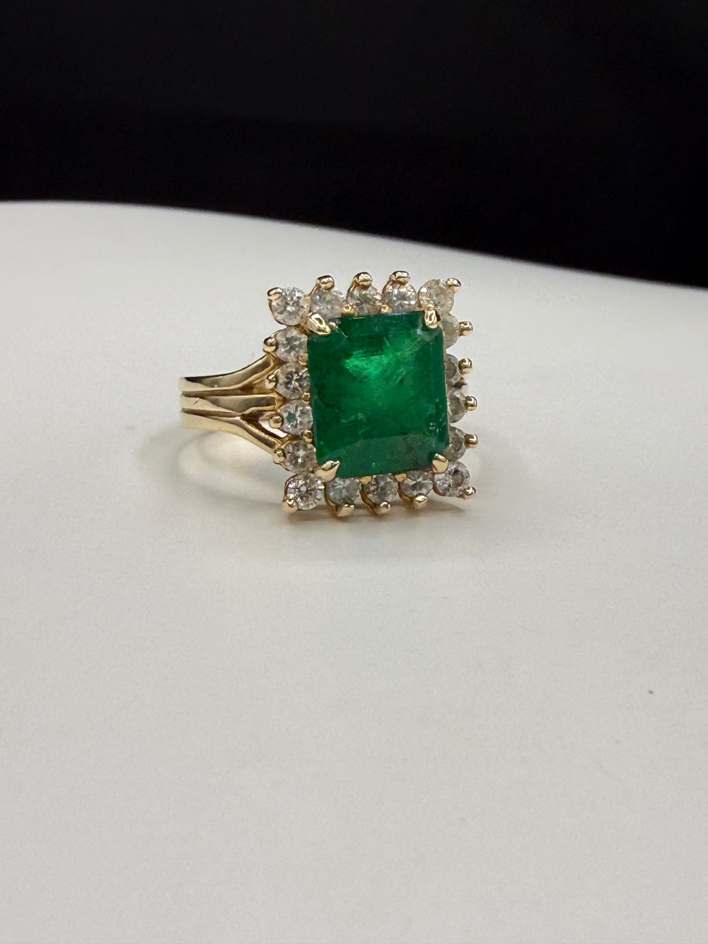 4.28 Carat Natural Emerald and Diamond Halo 14k Yellow Gold Ring | 3.74 Ct Emerald | 0.54 Ct Diamond