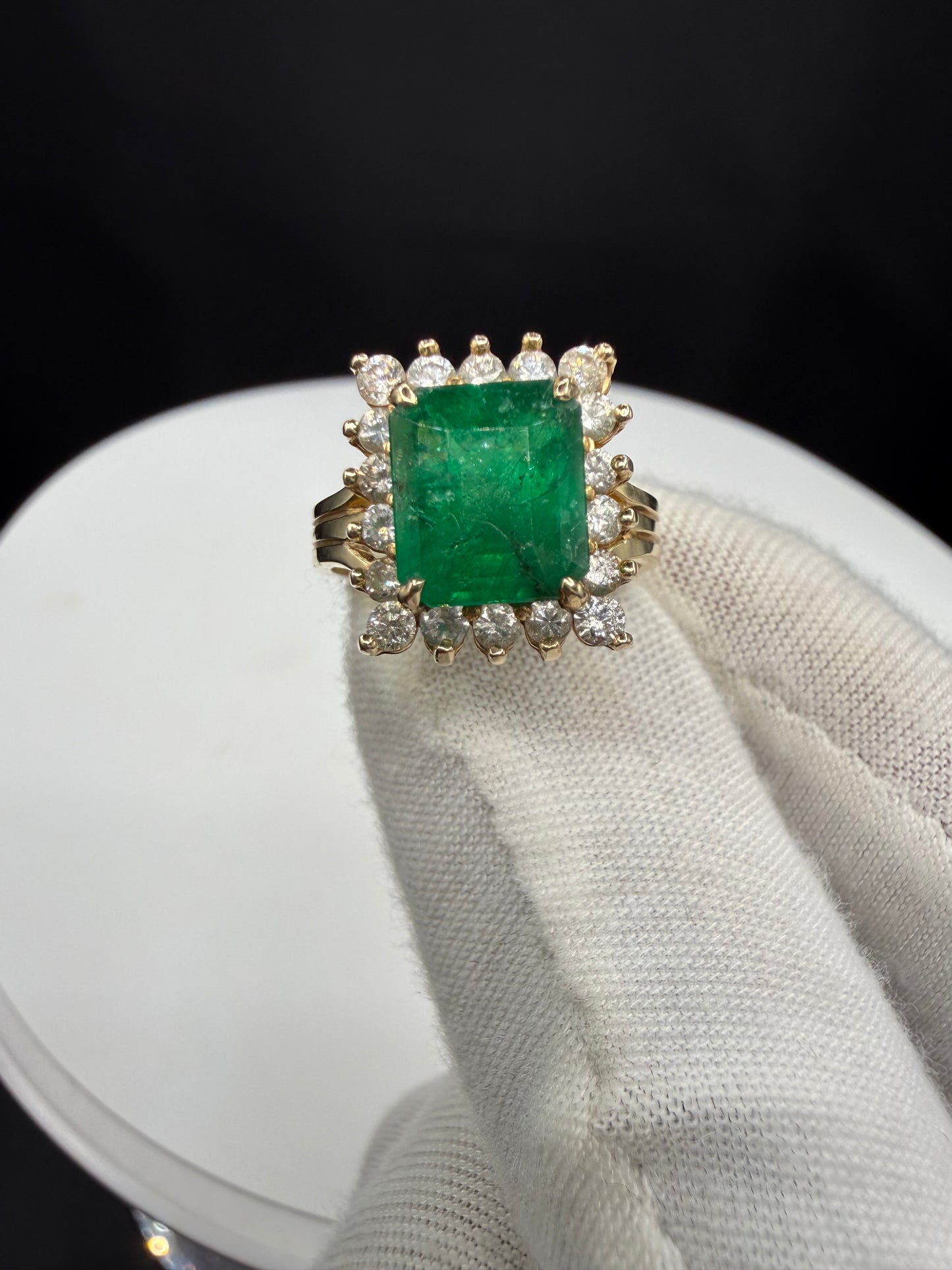 4.28 Carat Natural Emerald and Diamond Halo 14k Yellow Gold Ring | 3.74 Ct Emerald | 0.54 Ct Diamond