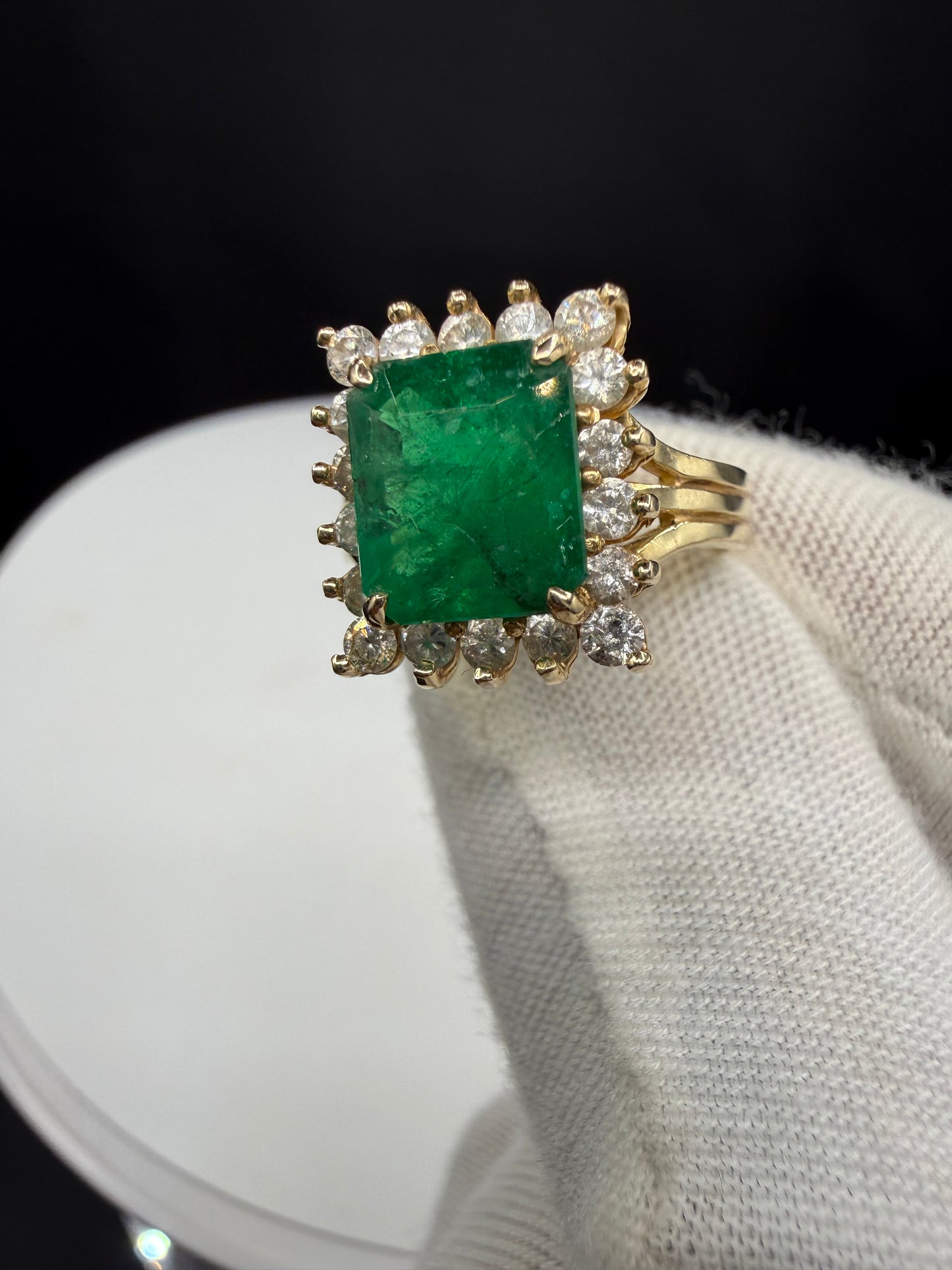 4.28 Carat Natural Emerald and Diamond Halo 14k Yellow Gold Ring | 3.74 Ct Emerald | 0.54 Ct Diamond