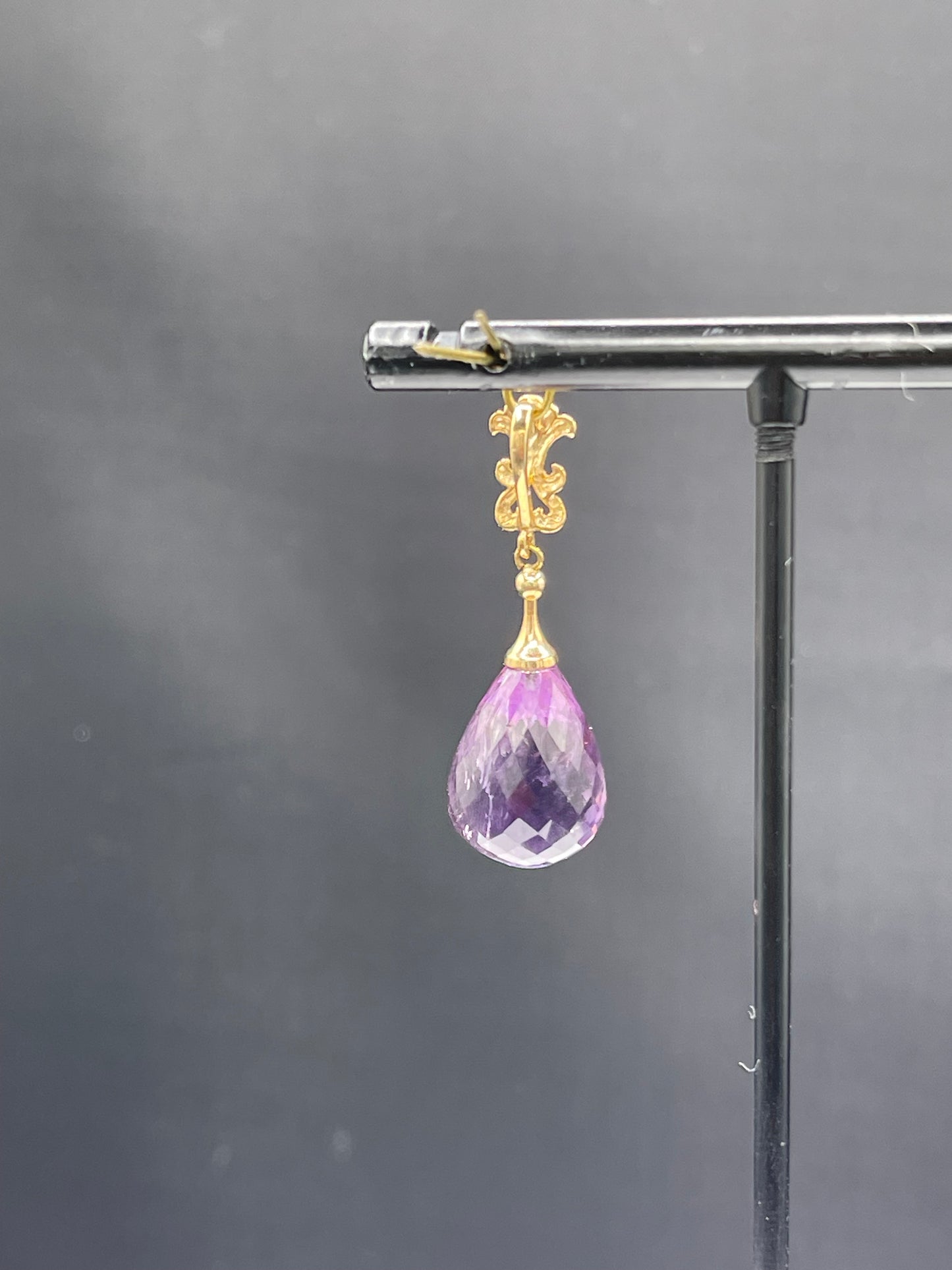 Natural Zambian Amethyst Briolette Cut 14k Yellow Gold Pendant