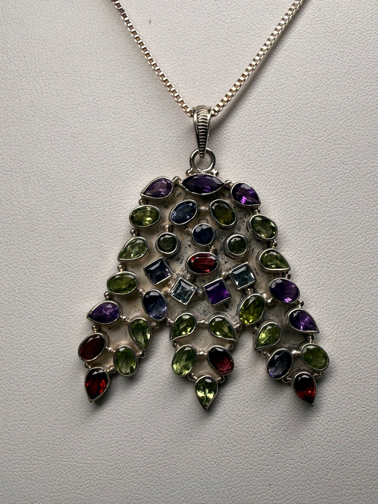 Handmade Sterling Silver Multi-Gemstone Pendant Necklace | Natural Amethyst, Peridot, Garnet, Iolite & Aquamarine