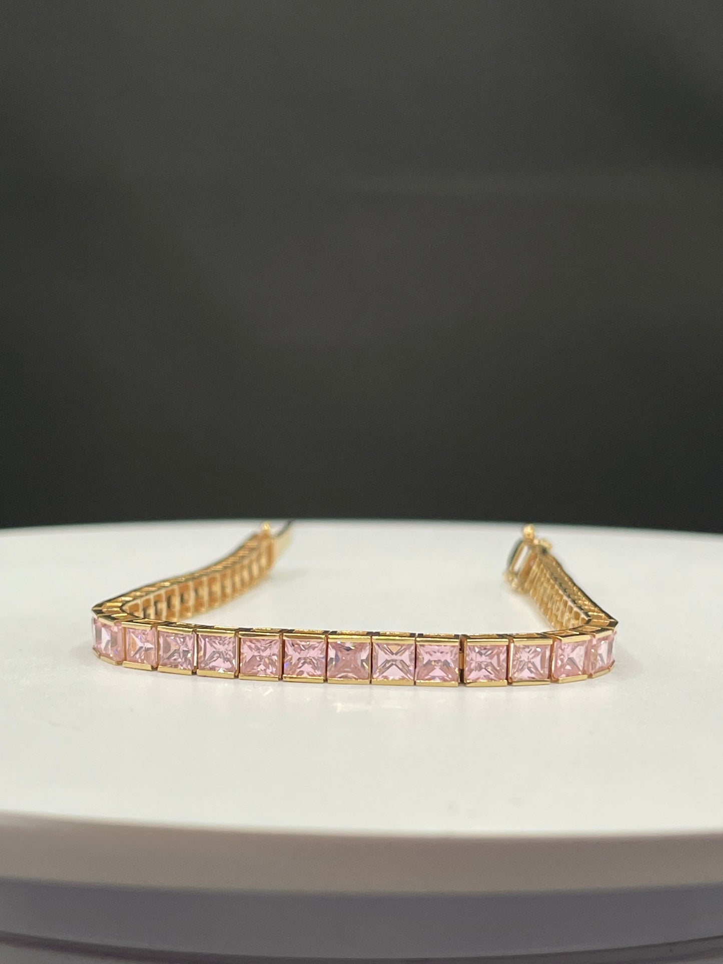 Pink Cubic Zirconia 14k Yellow Gold Tennis Bracelet