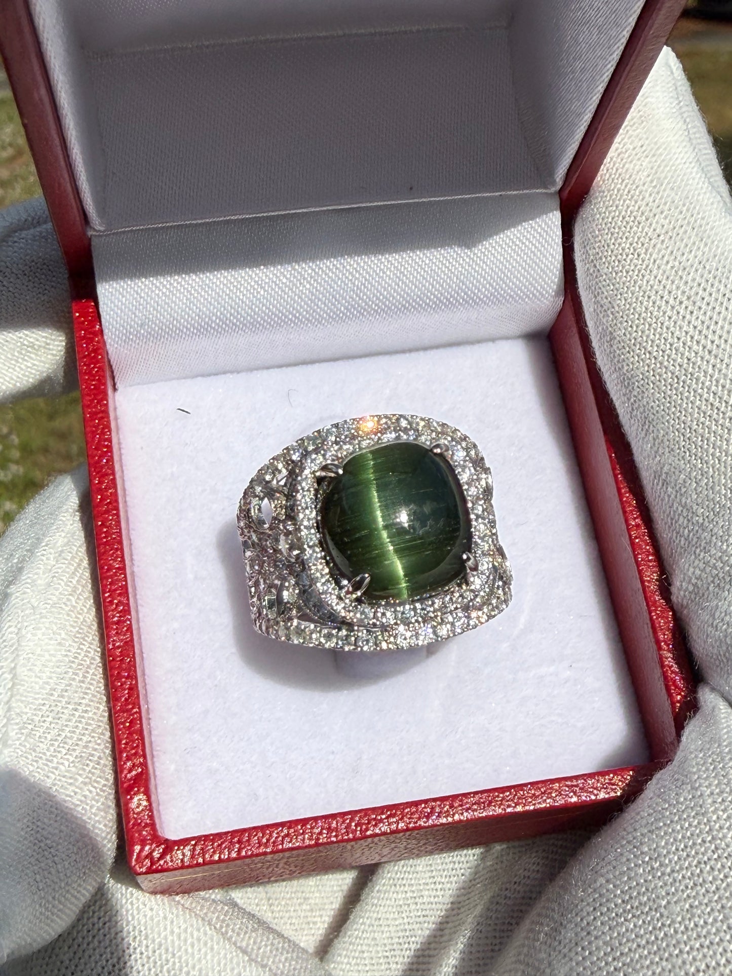 AGL Certified Natural Cat’s Eye Green Tourmaline 18k White Gold Ring | 9.18 Ct Tourmaline | 1.65 Ct Diamonds | Size 6.5
