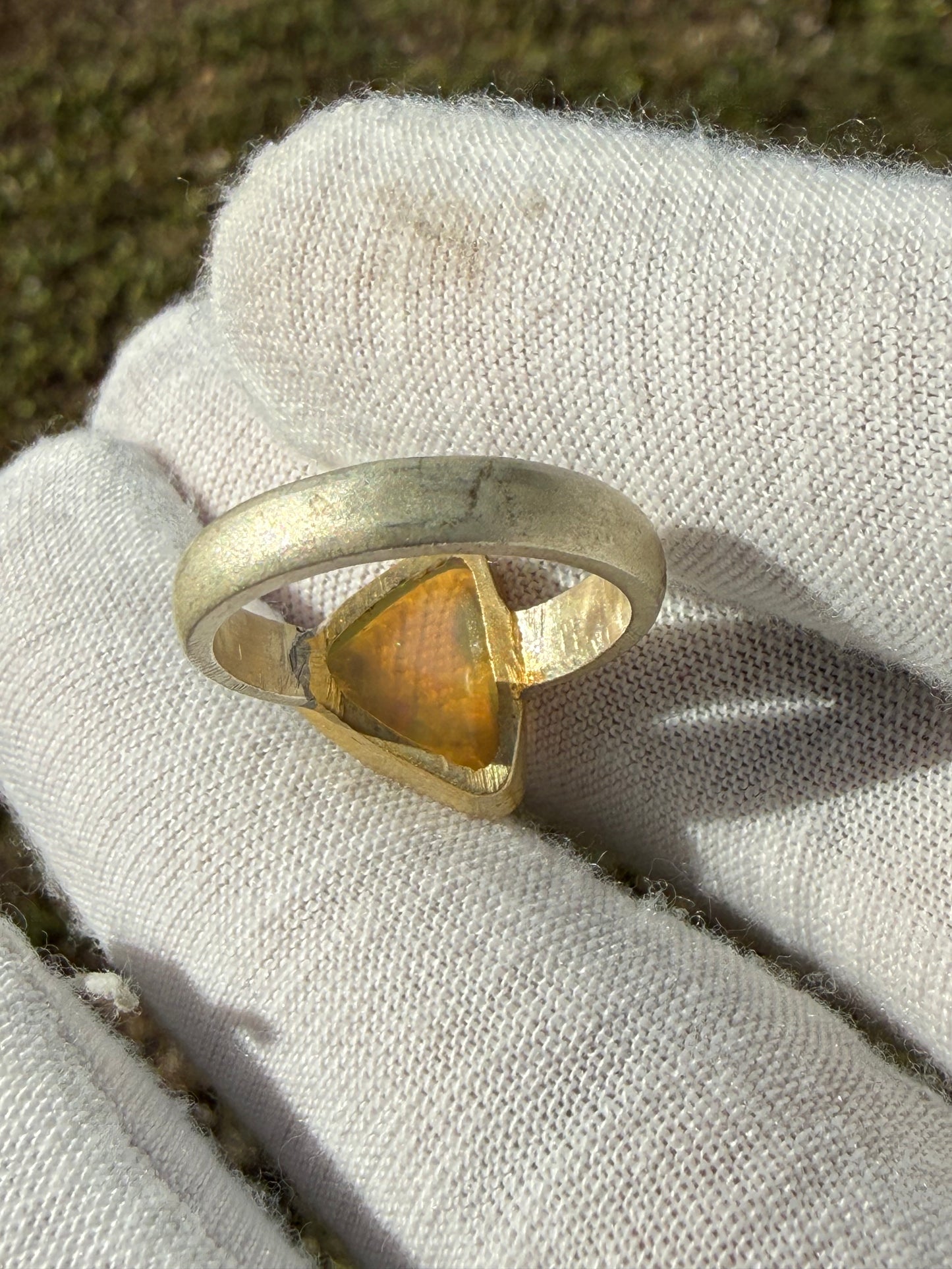 Natural Ethiopian Trillion Opal Ring | 2.8–3.0 Ct | Sterling Silver & 18K Gold Bezel | Matte Finish | Size 8