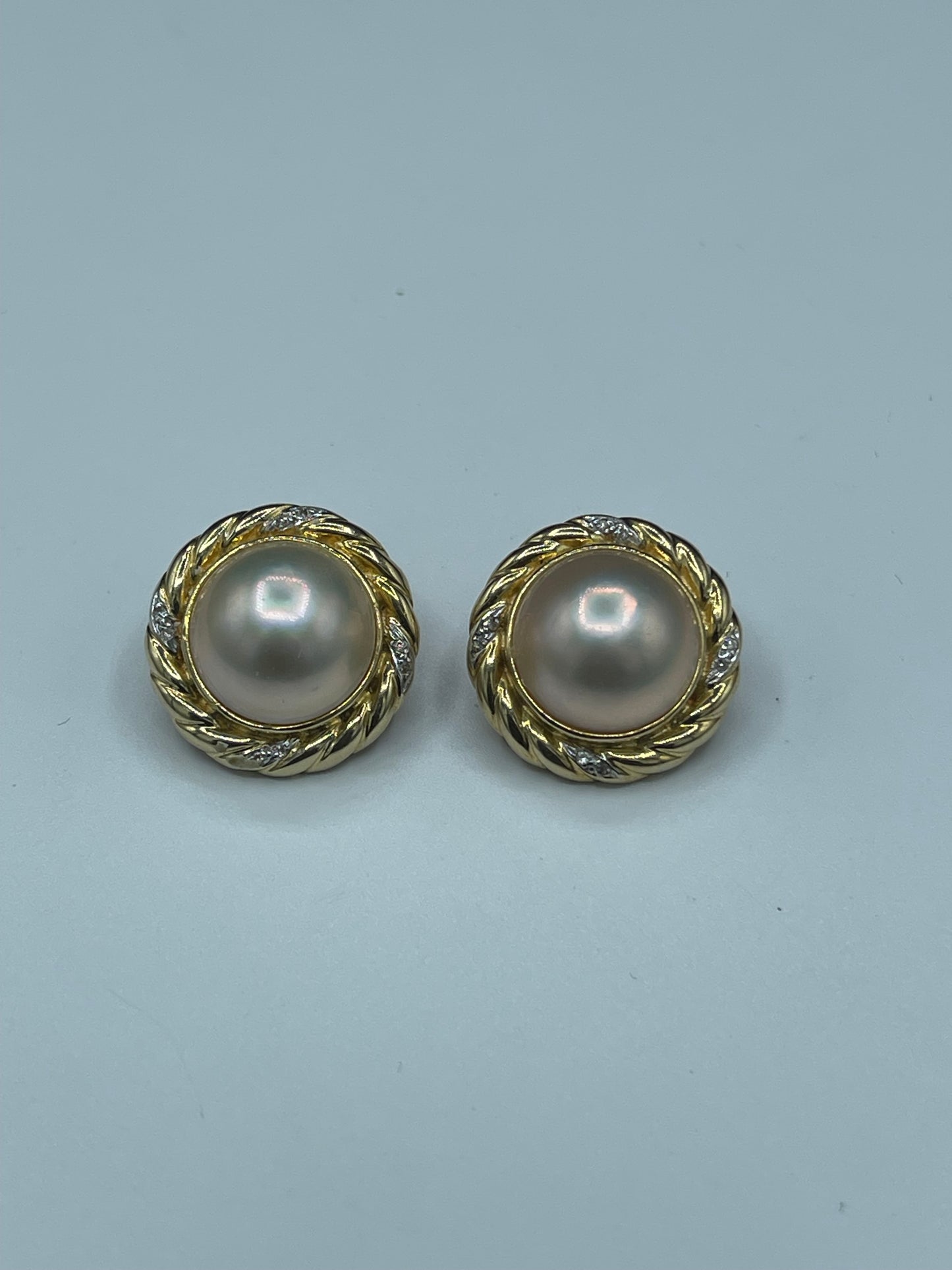 Natural Mabe Pearl & Diamond 14k Yellow Gold Omega Clip On Earrings