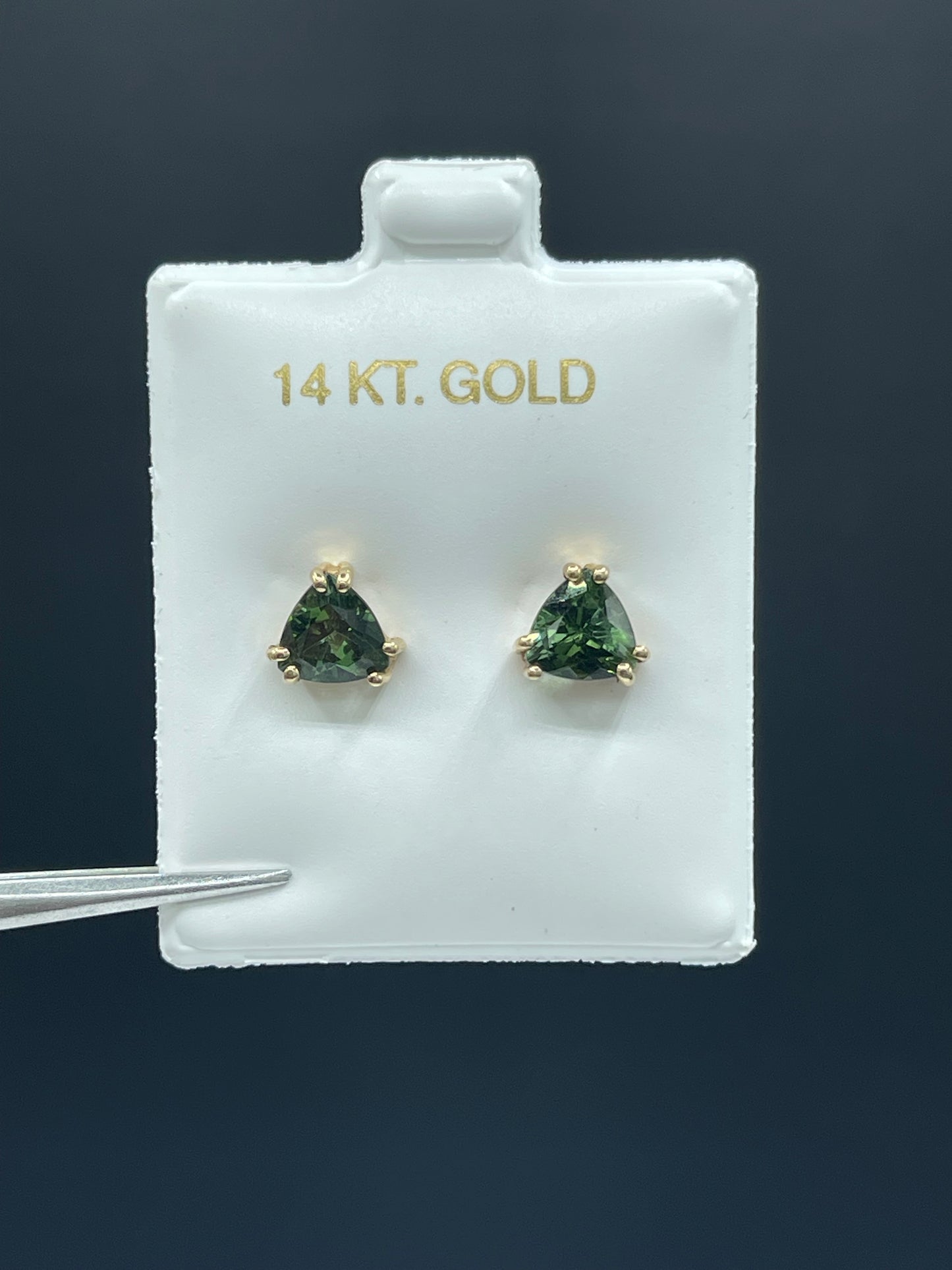 2.65 Carat Green Tourmaline Trillion Cut 14k Yellow Gold Stud Earrings
