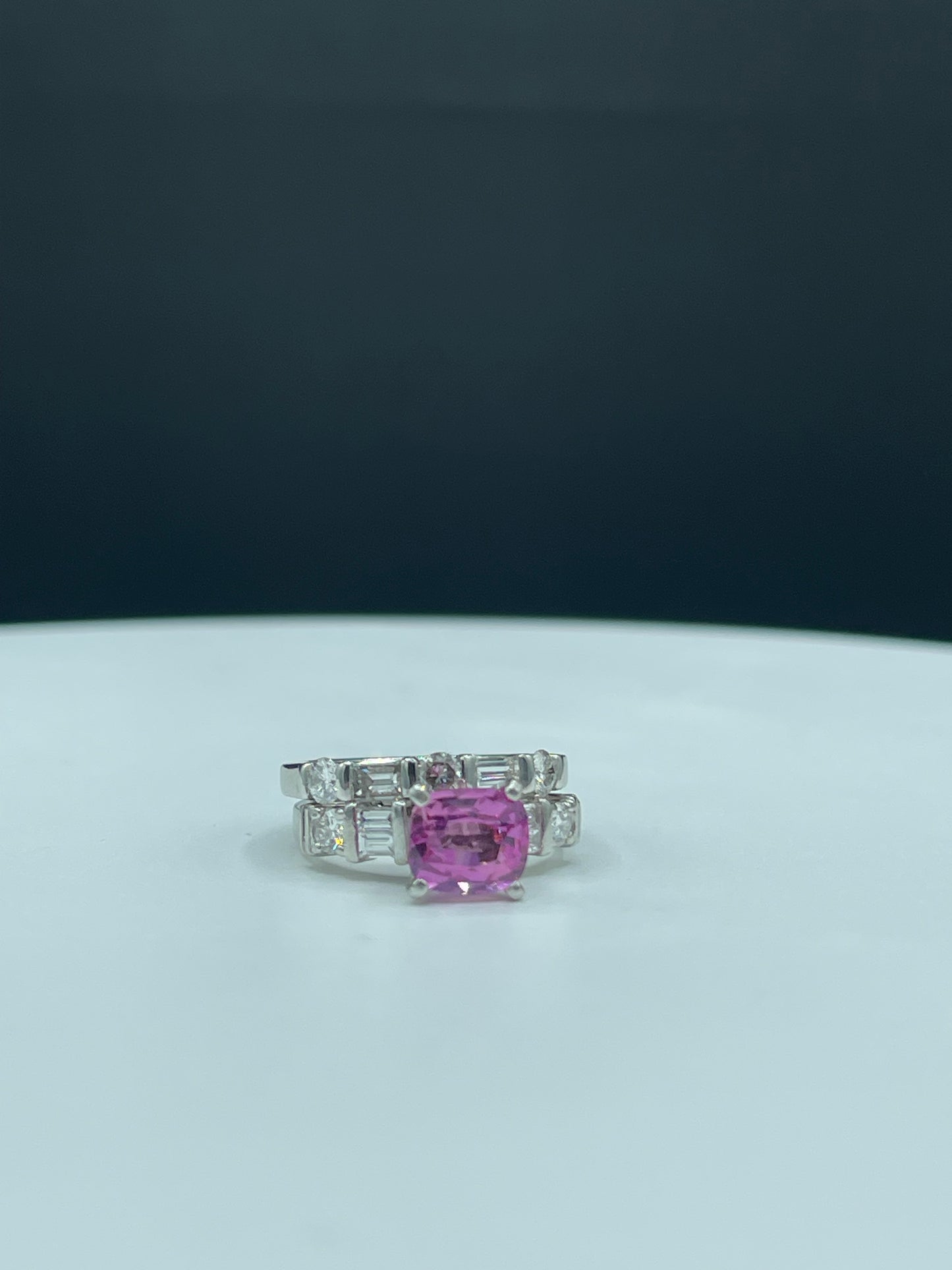 Natural Pink Sapphire & Diamond Platinum Engagement Ring And Wedding Band Set (Size 5)