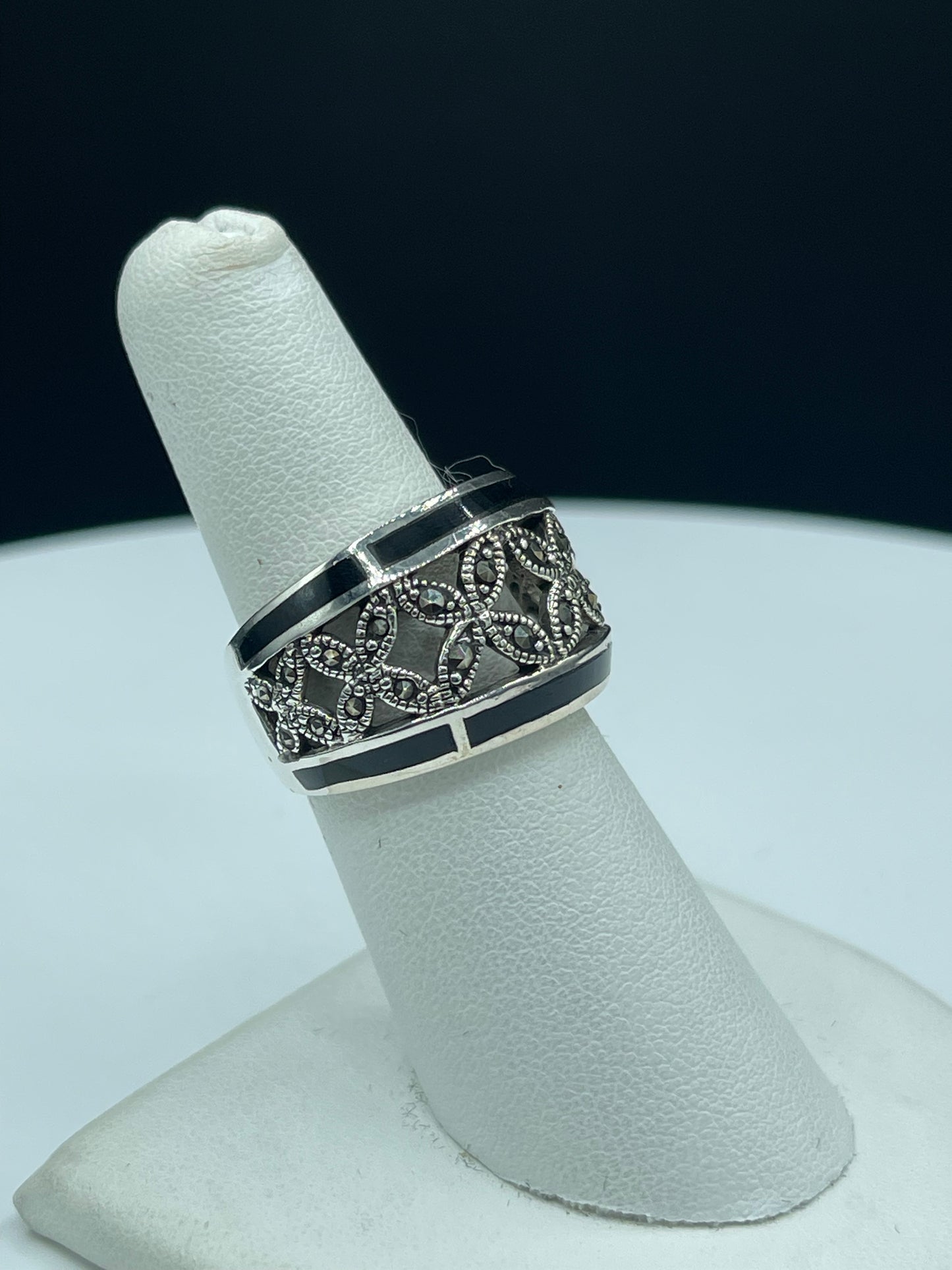 Natural Black Onyx & Marcasite Sterling Silver Ring (Size 6.25)