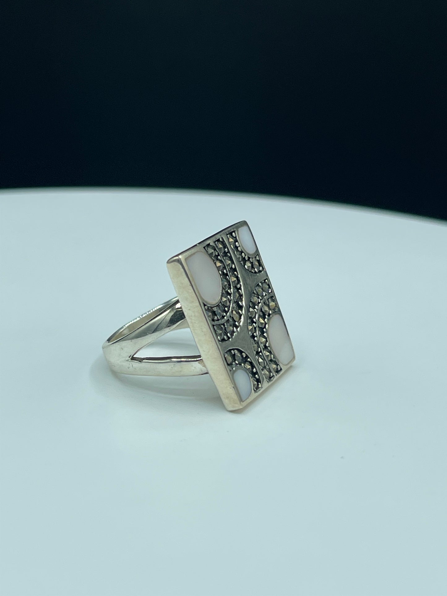 Natural Mother Of Pearl & Marcasite Sterling Silver Ring (Size 7.25)