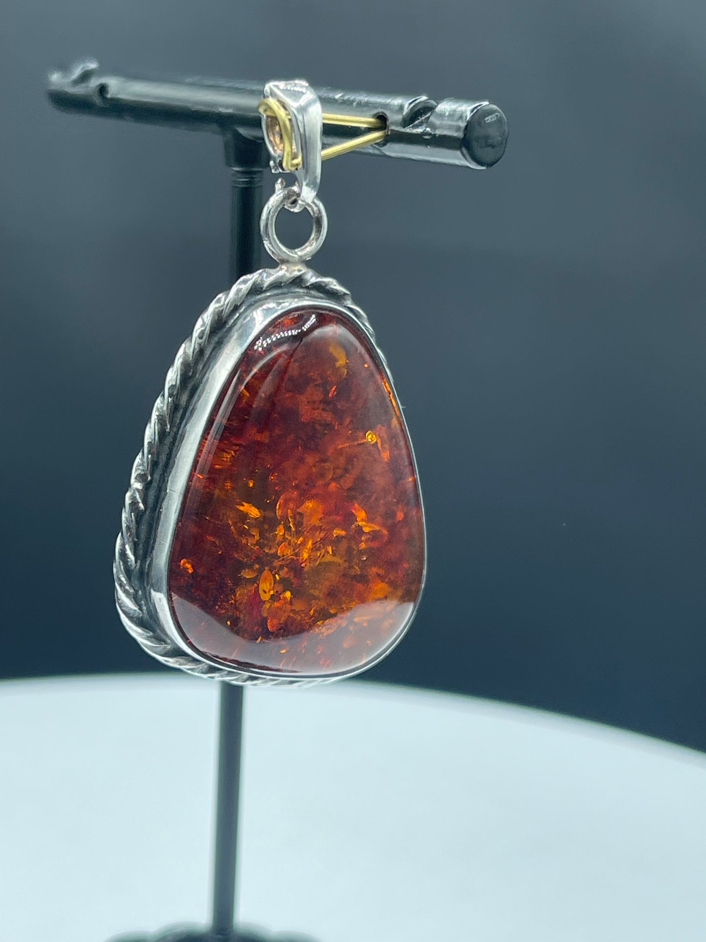 Unique Large Natural Amber Sterling Silver Enhancer Bail Pendant