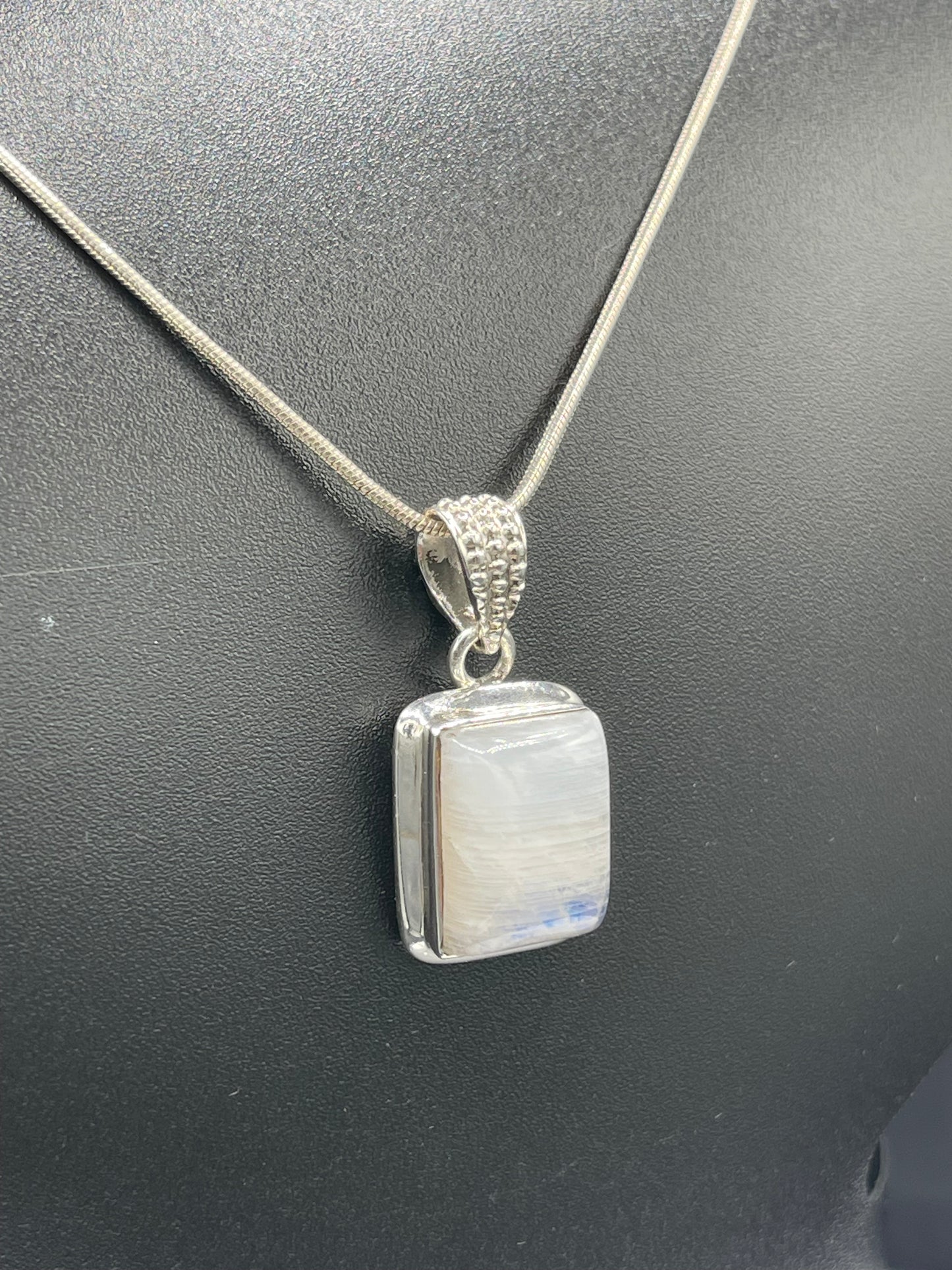 Natural Rainbow Moonstone Emerald Cabochon Cut Sterling Silver Pendant & Necklace (20 inches)