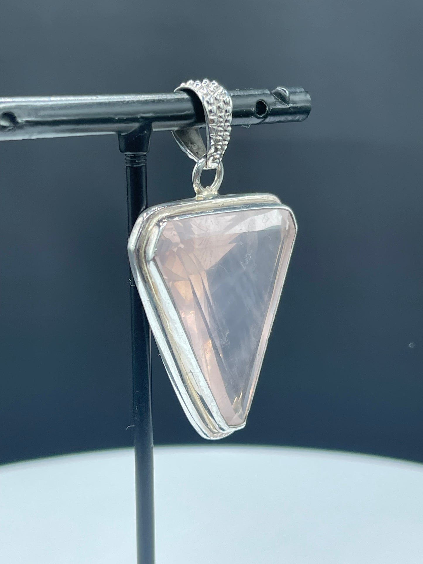 Elegant Trillion Cut Rose Quartz Sterling Silver Pendant
