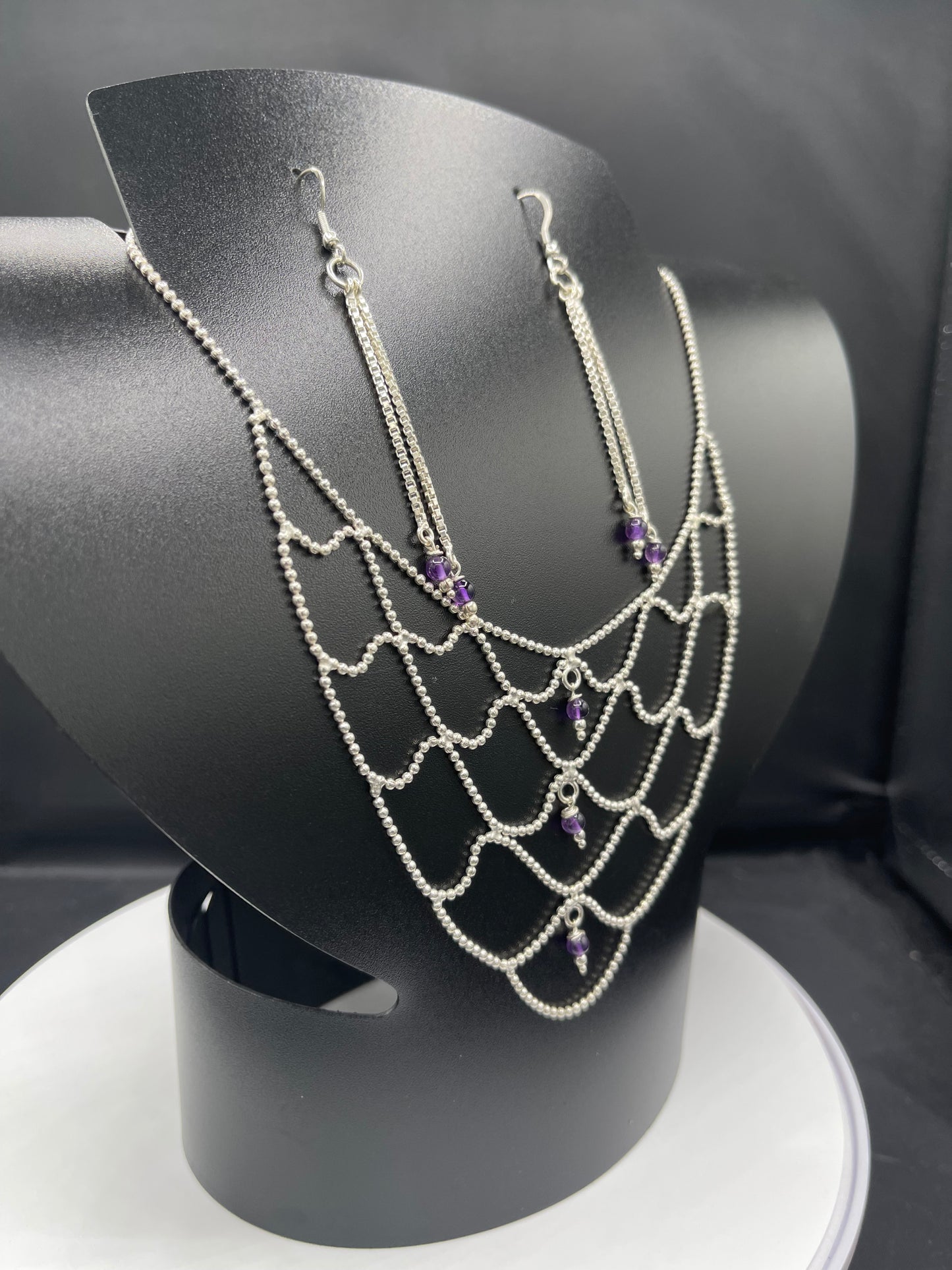 Handmade Natural Amethyst Bead Sterling Silver Adjustable Bib Necklace & Dangle Earring Set