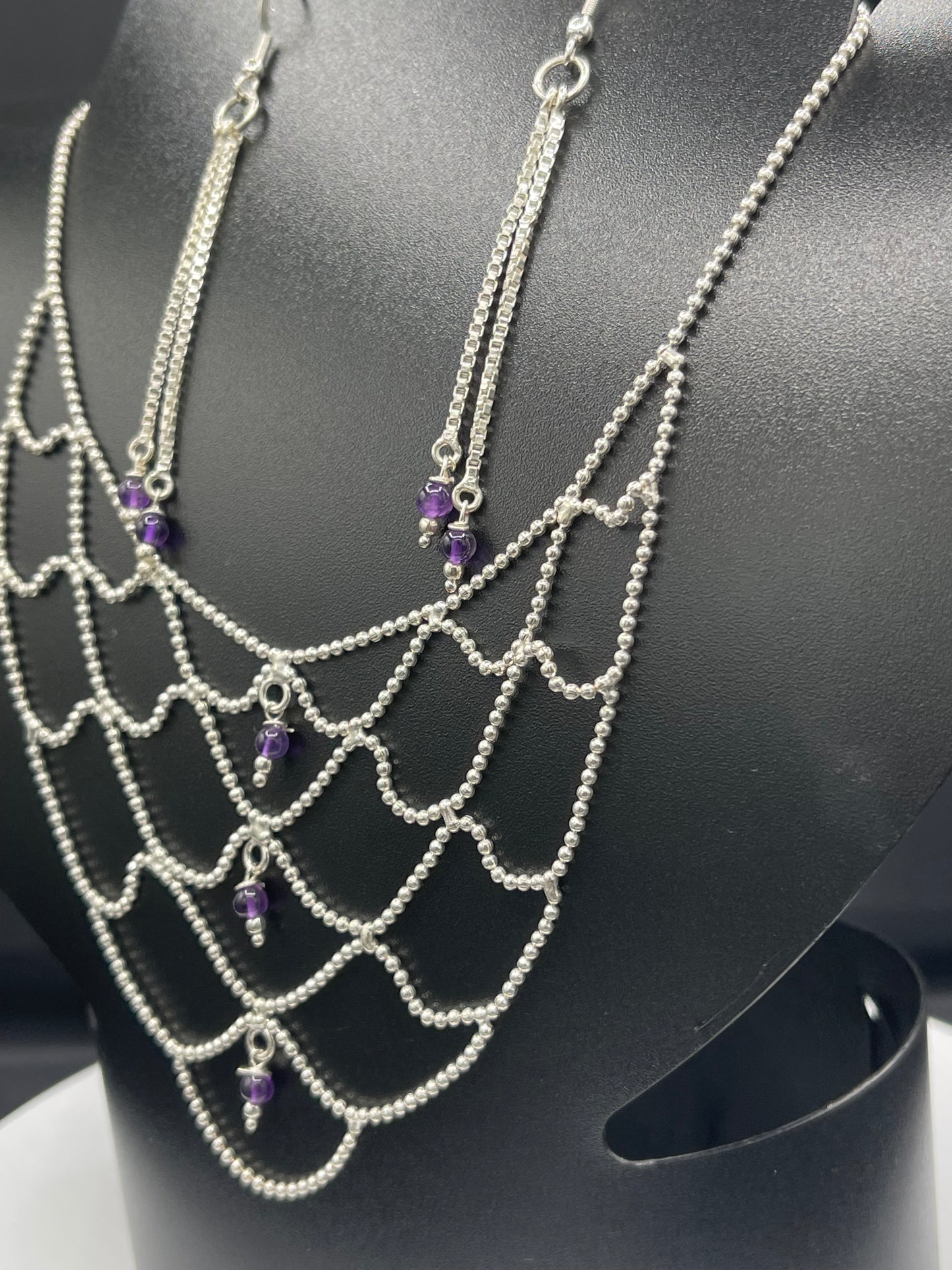 Handmade Natural Amethyst Bead Sterling Silver Adjustable Bib Necklace & Dangle Earring Set