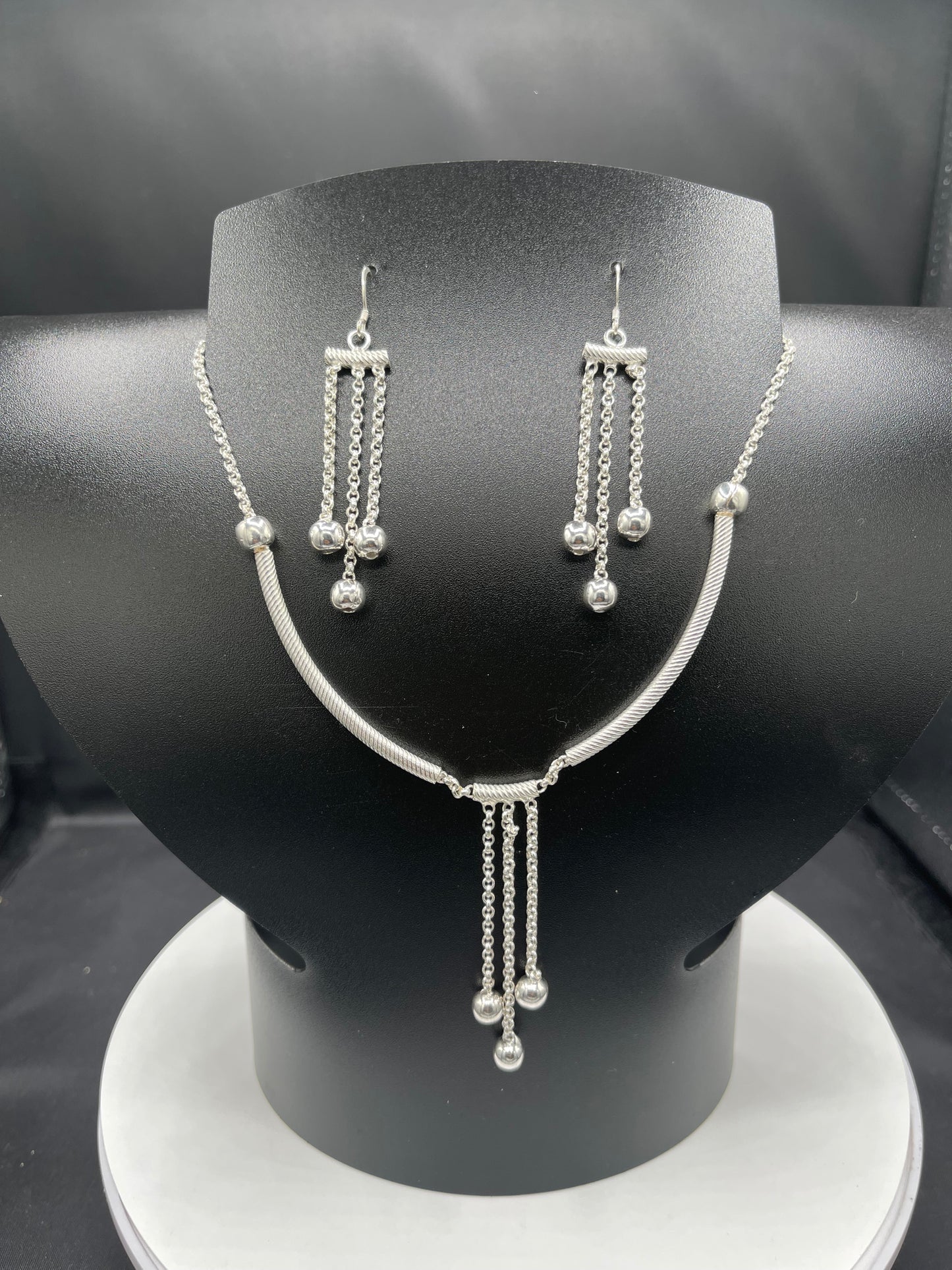Handmade Indian 925 Sterling Silver Bead Necklace & Dangle Earring Set - Bib Style