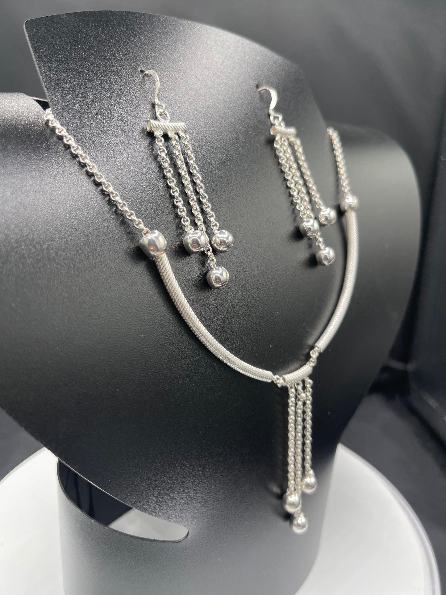 Handmade Indian 925 Sterling Silver Bead Necklace & Dangle Earring Set - Bib Style