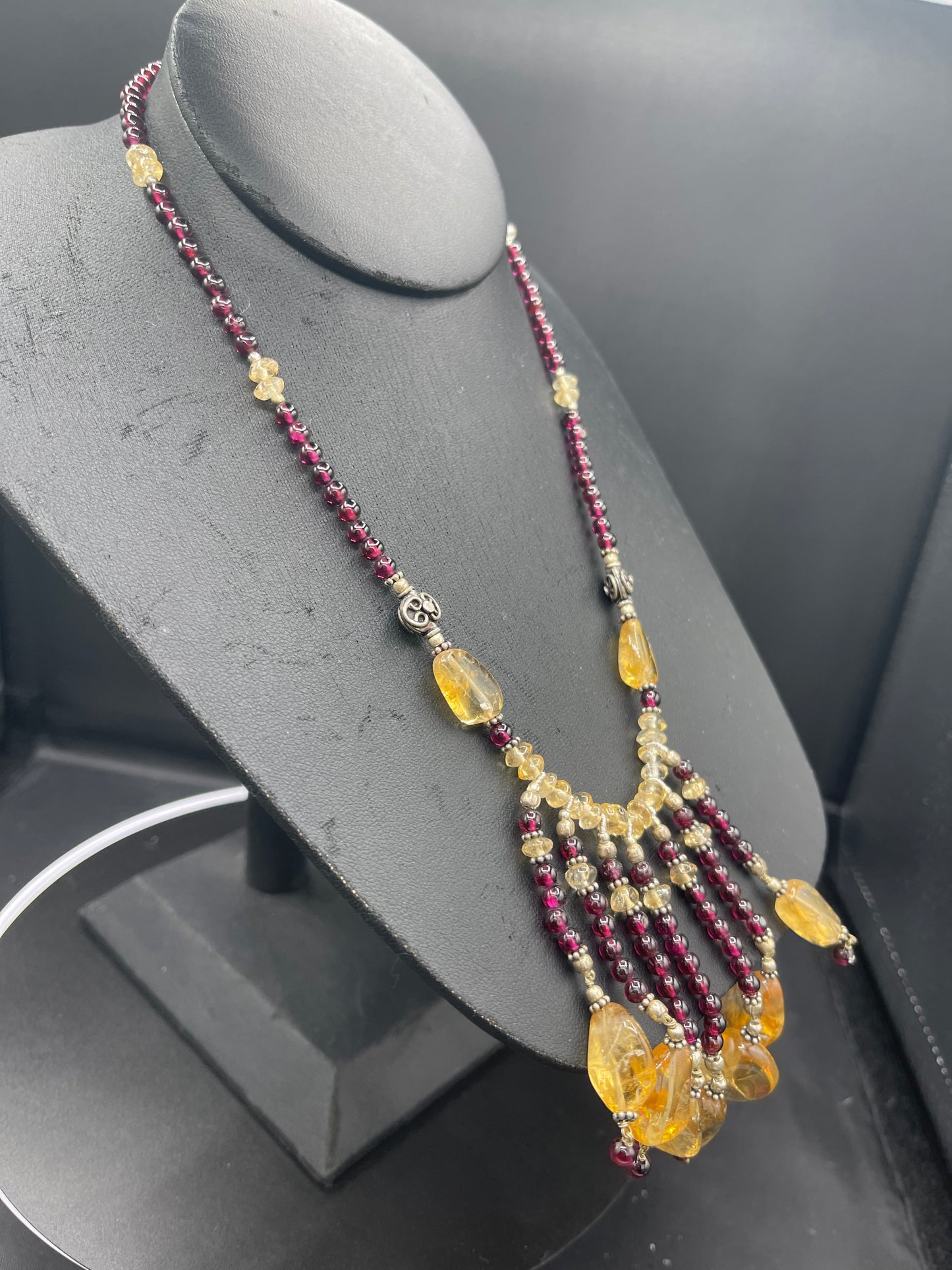 Natural Citrine & Garnet Sterling Silver Beaded Bib Necklace