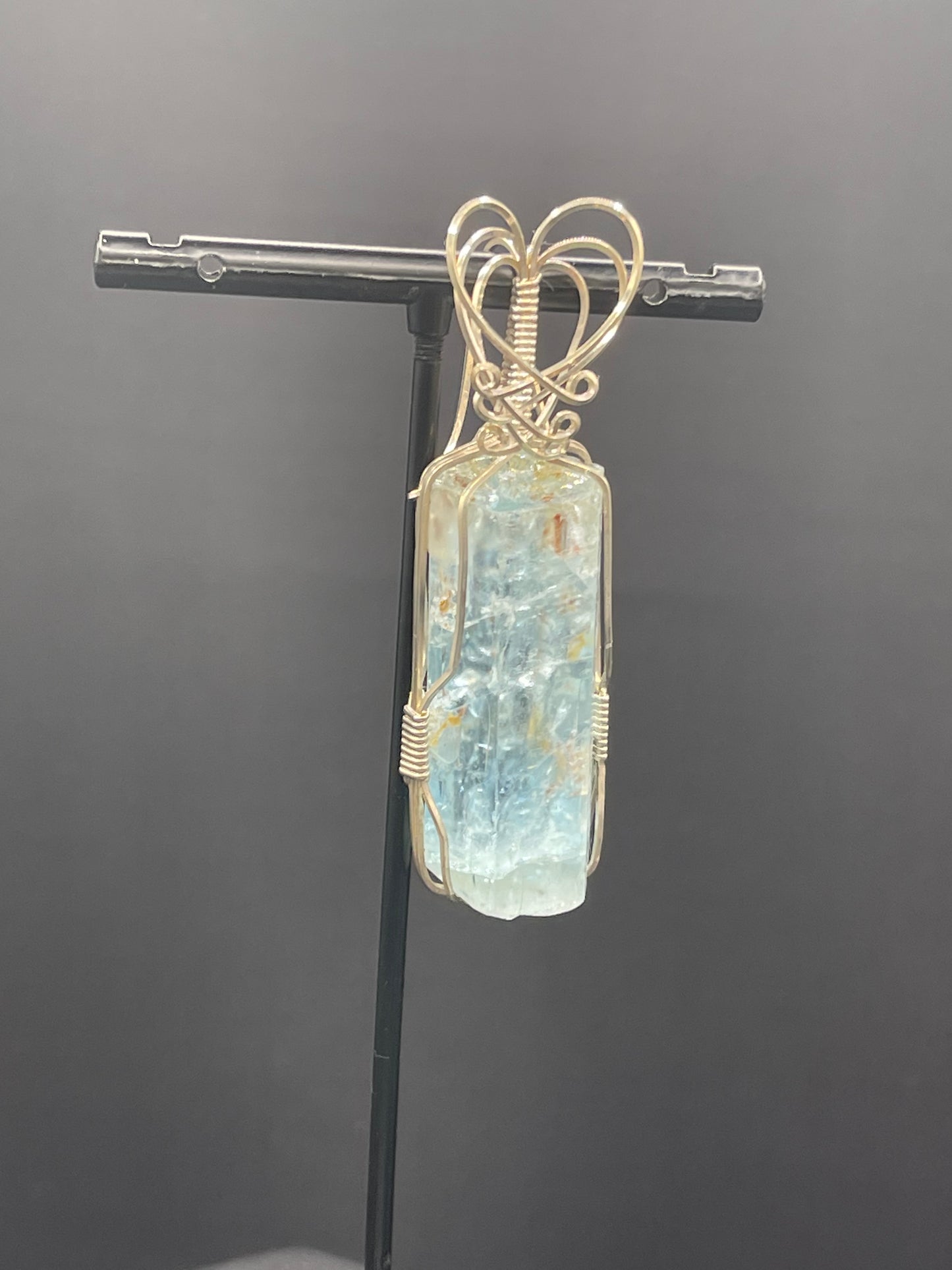 Natural Aquamarine Beryl Crystal Sterling Silver Wire Wrapped Pendant