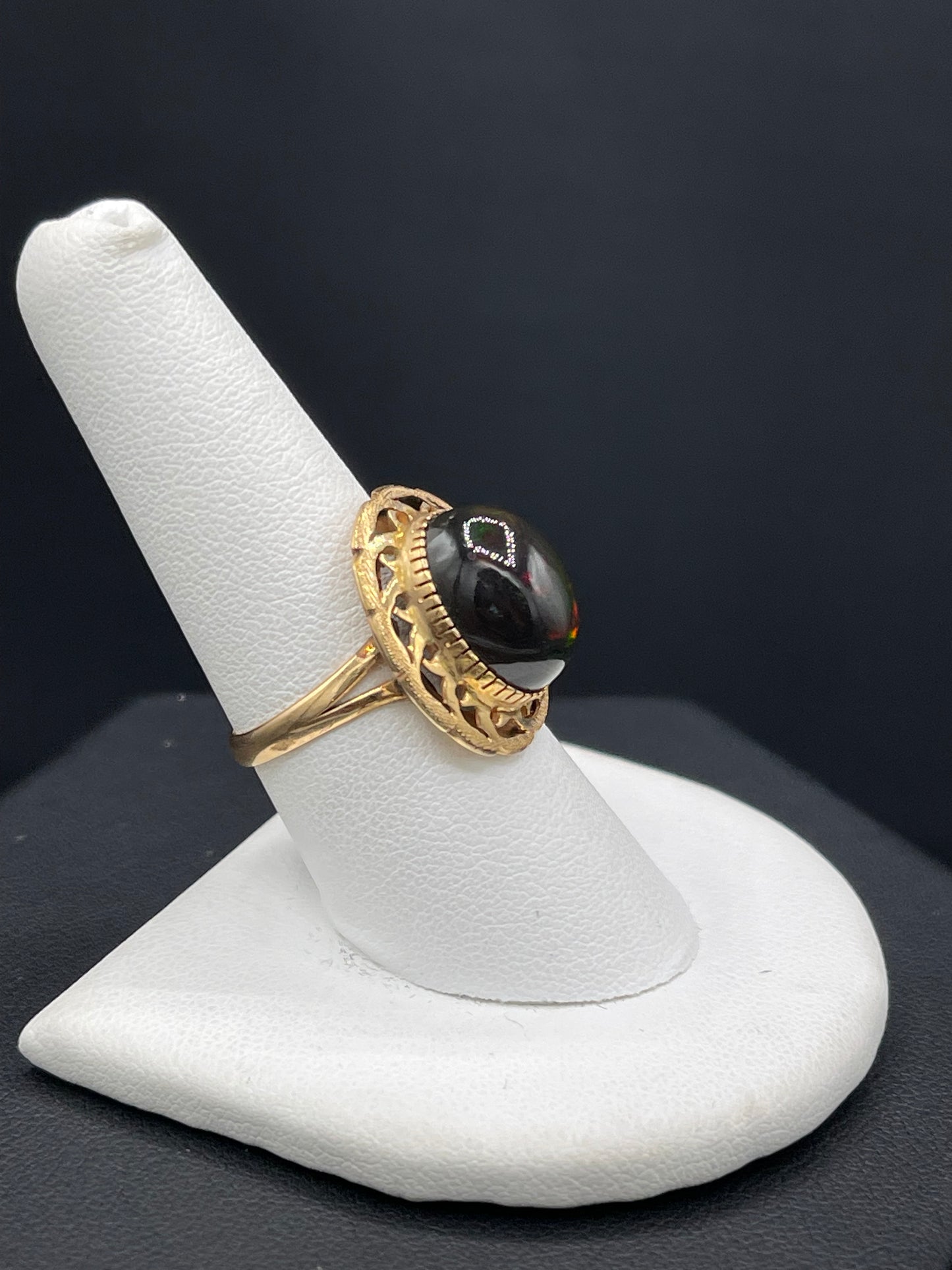 7.19 Carat Natural Black Opal 14k Yellow Gold Ring (Size 8)