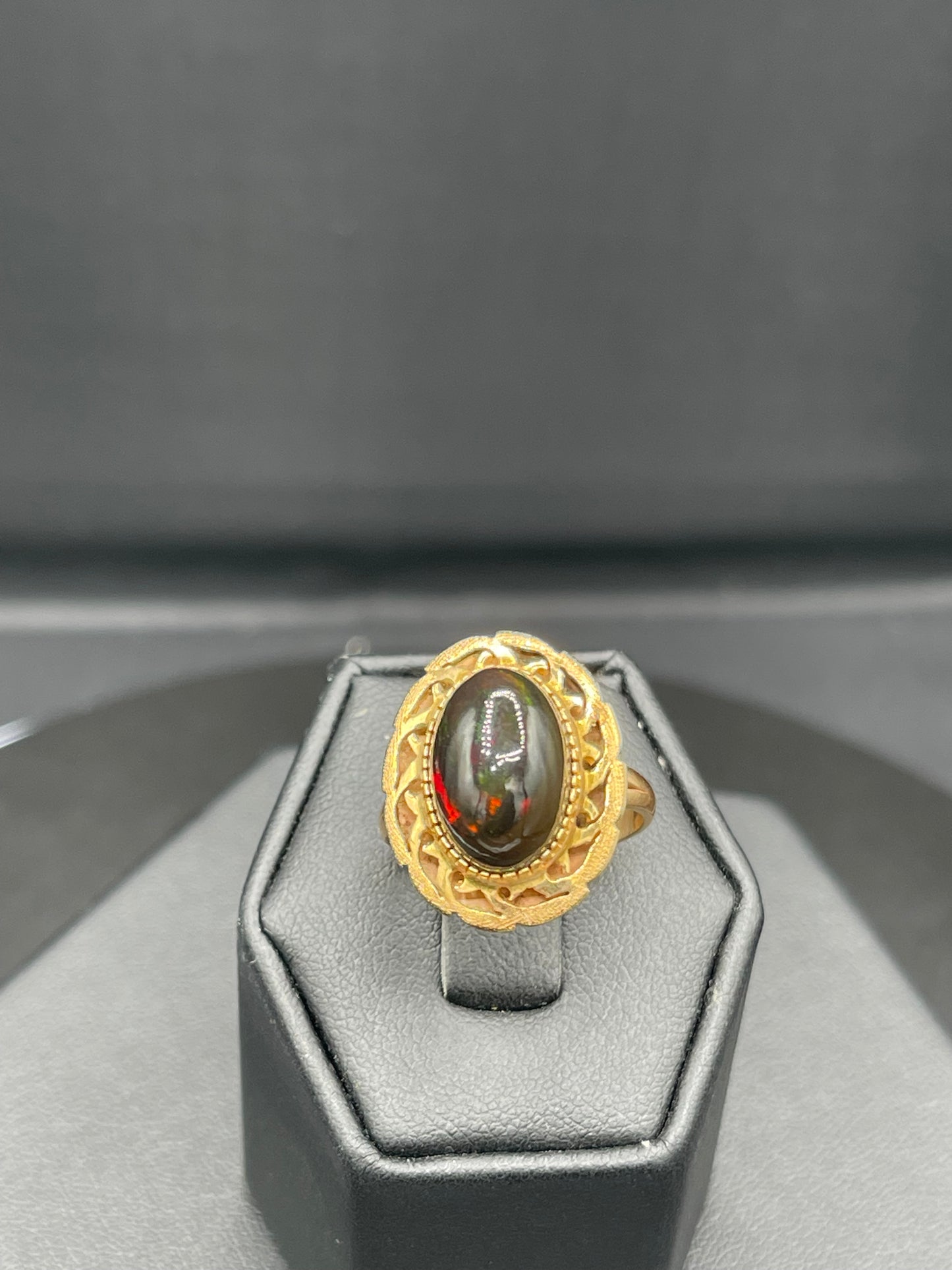 7.19 Carat Natural Black Opal 14k Yellow Gold Ring (Size 8)