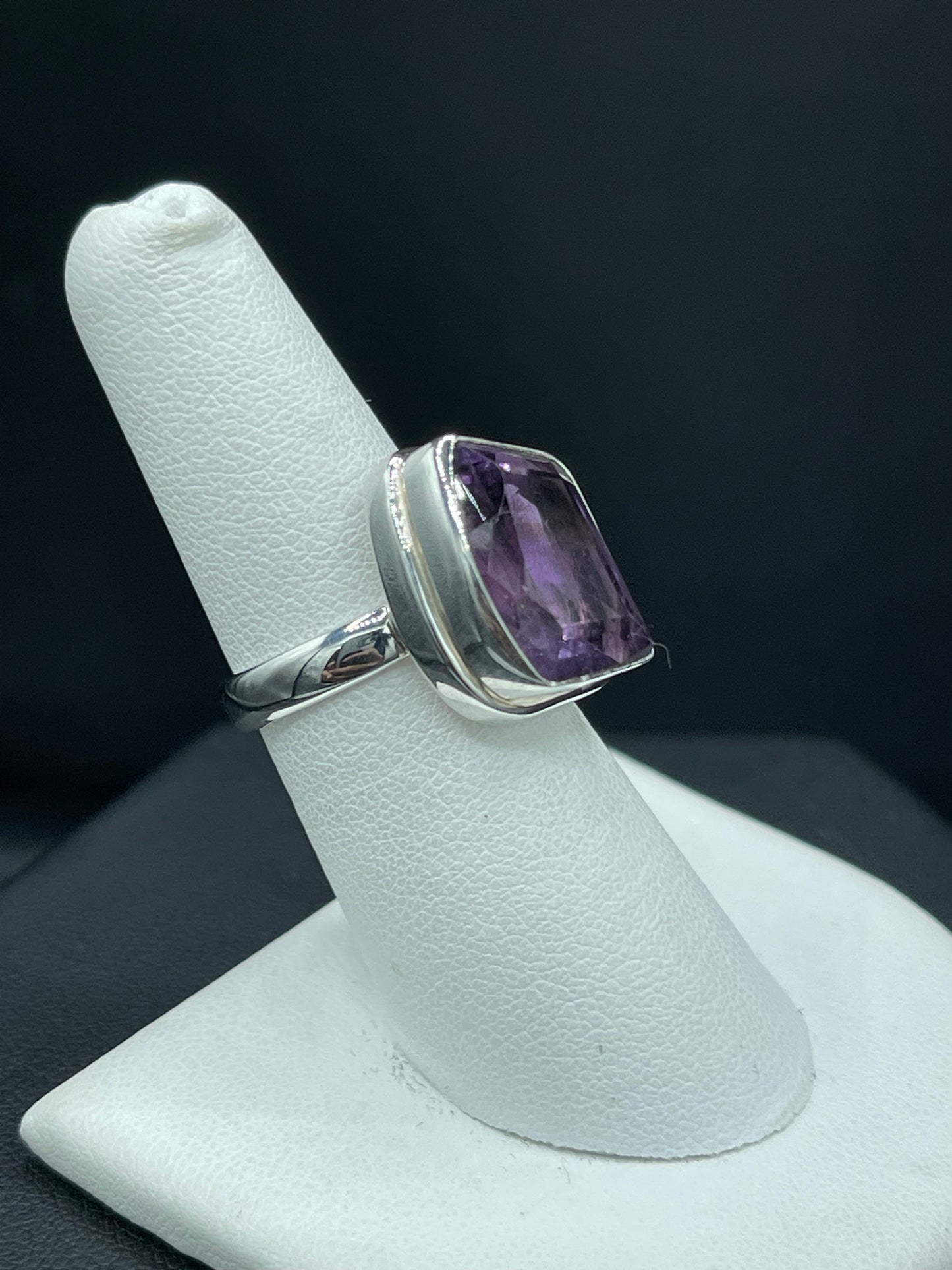 Natural Amethyst Fancy Cut Sterling Silver Ring (Size 7)