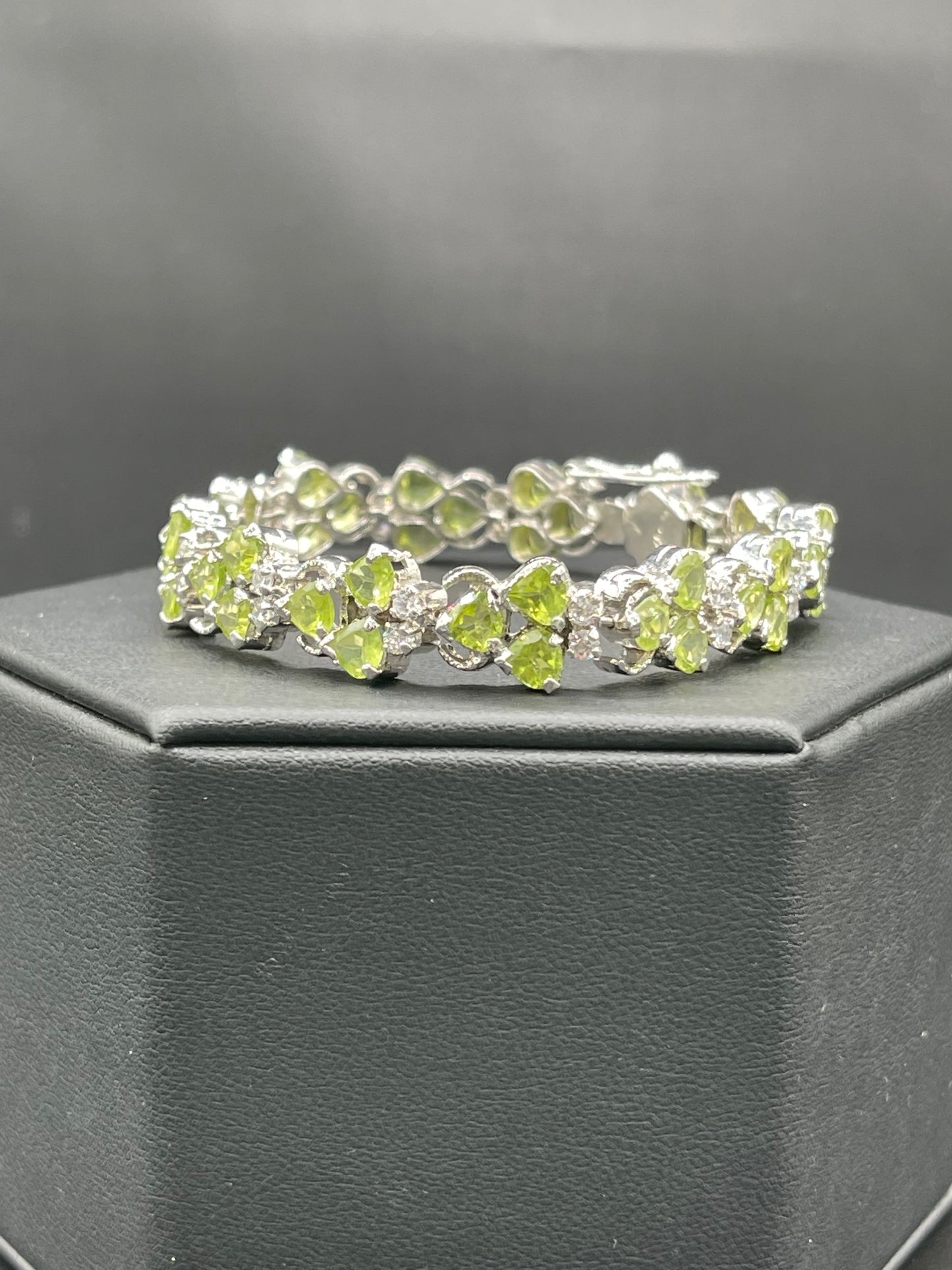 Natural Perdiot & Cubic Zirconia Heavy Sterling Silver Bracelet