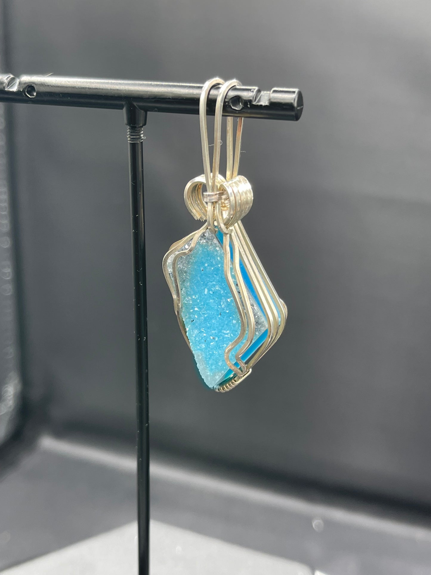 Paraiba Blue Druzy Quartz Sterling Silver Wire Wrapped Pendant