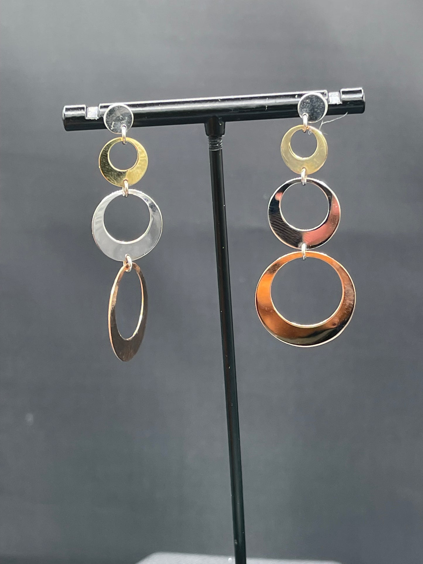 Solid 14k Three Tone Yellow + White + Rose Gold Dangle Earrings