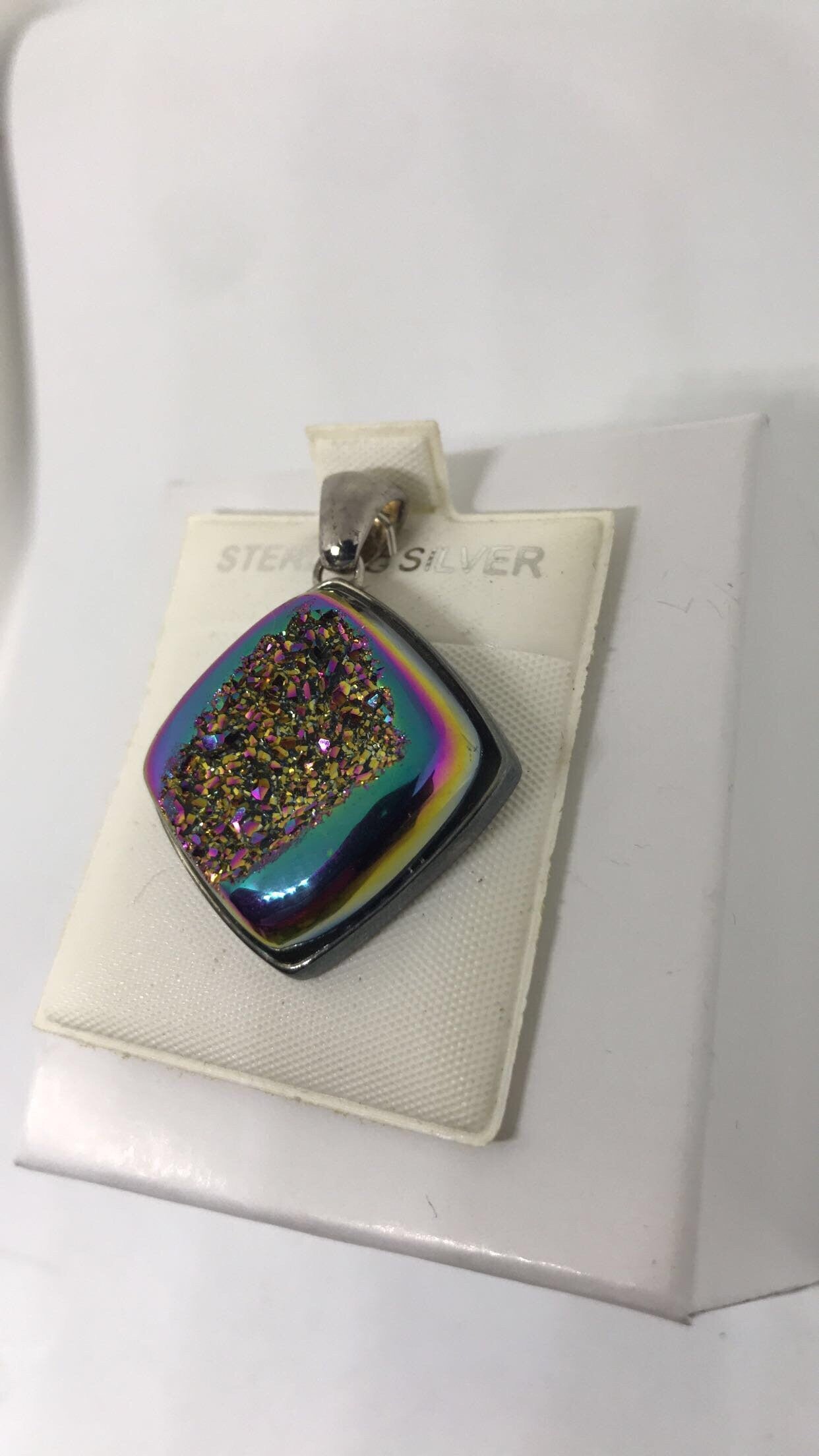 Moody Pink Druzy Quartz Square Window Sterling Silver Pendant