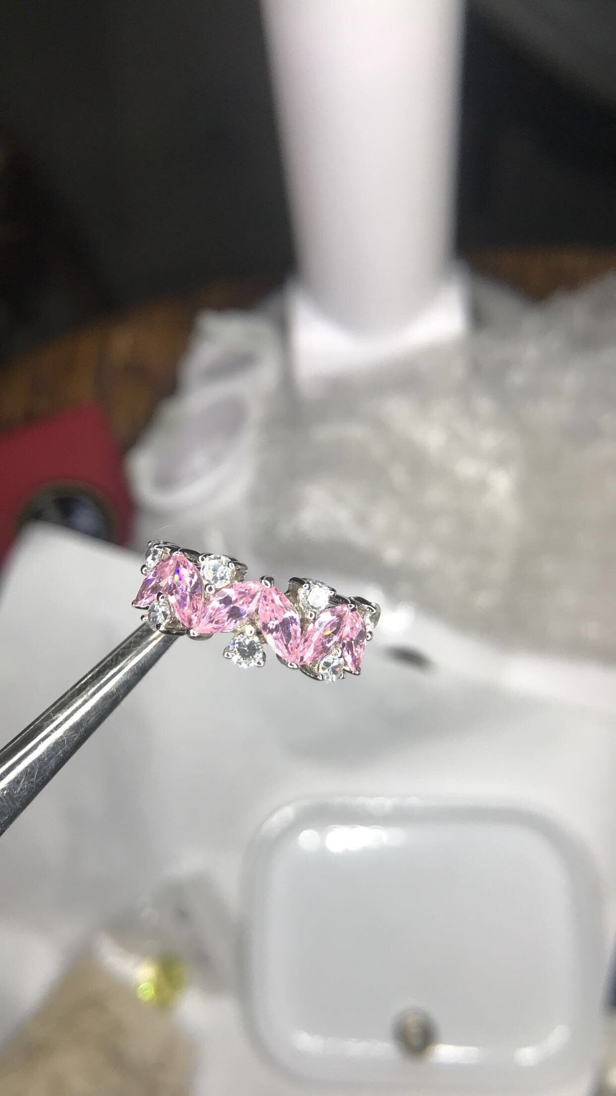 CZ Pink & White Sterling Silver Wedding Band Ring (Size 7)