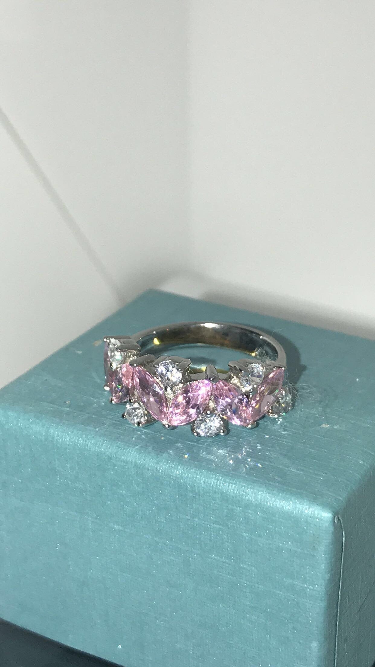 CZ Pink & White Sterling Silver Wedding Band Ring (Size 7)