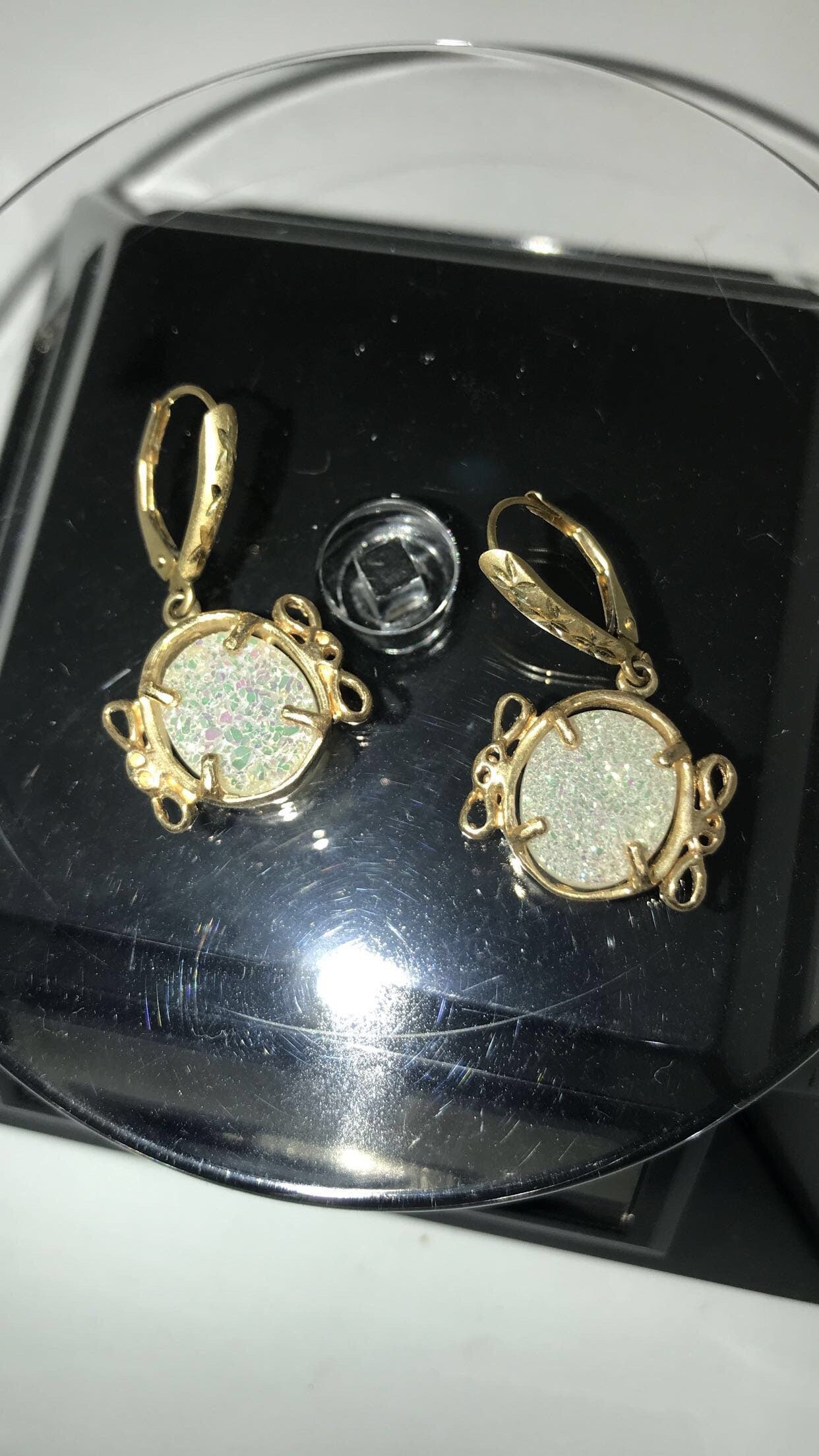 White Druzy Quartz 14k Yellow Gold French Lever Backs Earrings