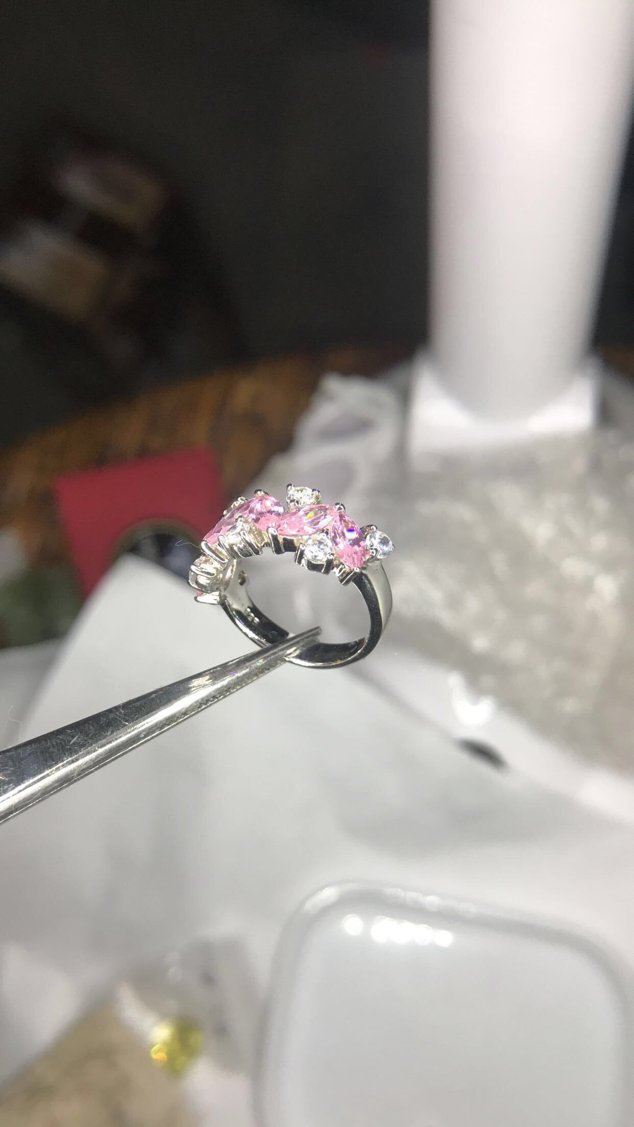 CZ Pink & White Sterling Silver Wedding Band Ring (Size 7)