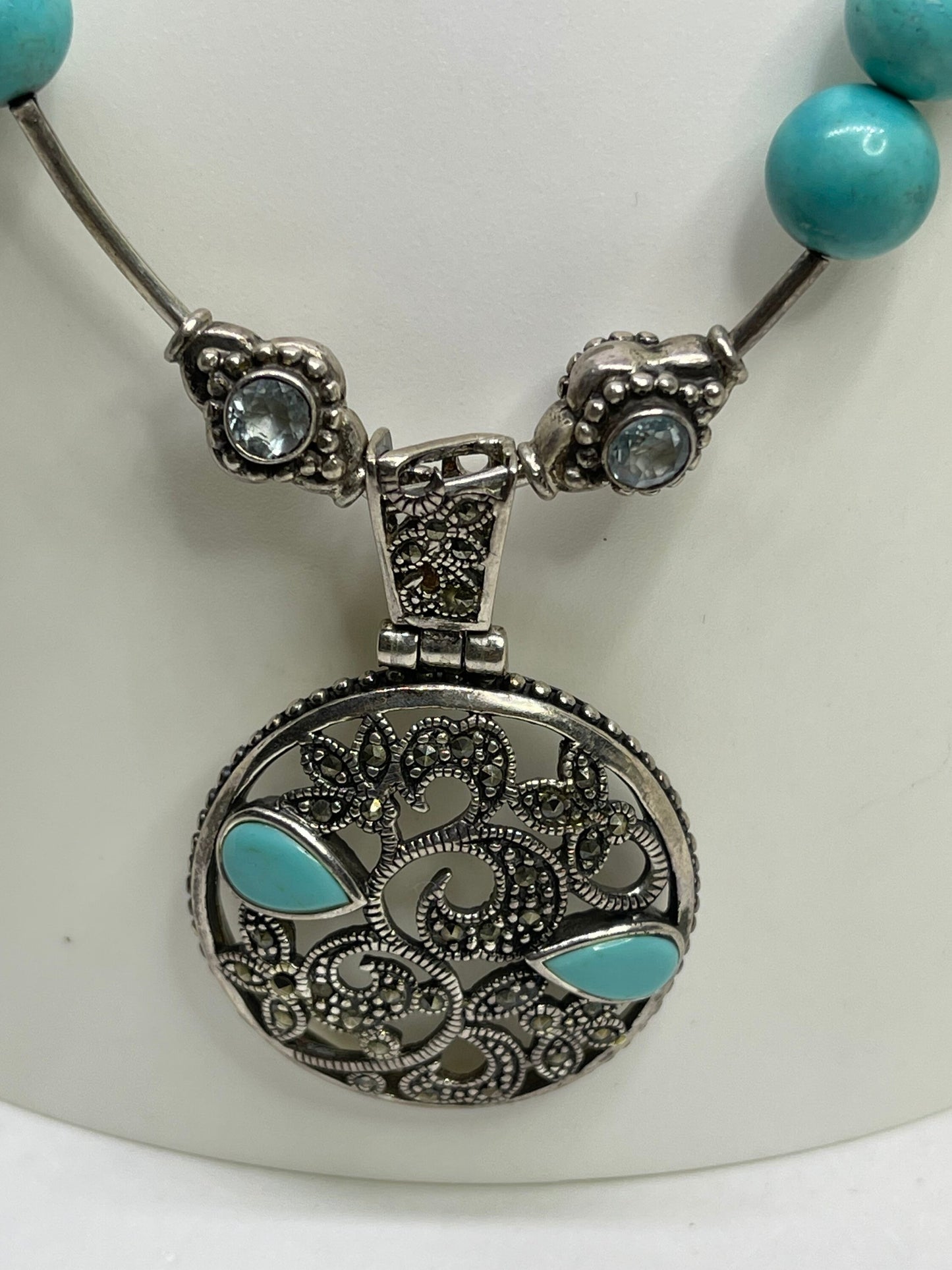 Handmade Turquoise Marcasite Aquamarine Coral & Pearl Sterling Silver Necklace And Earrings Set