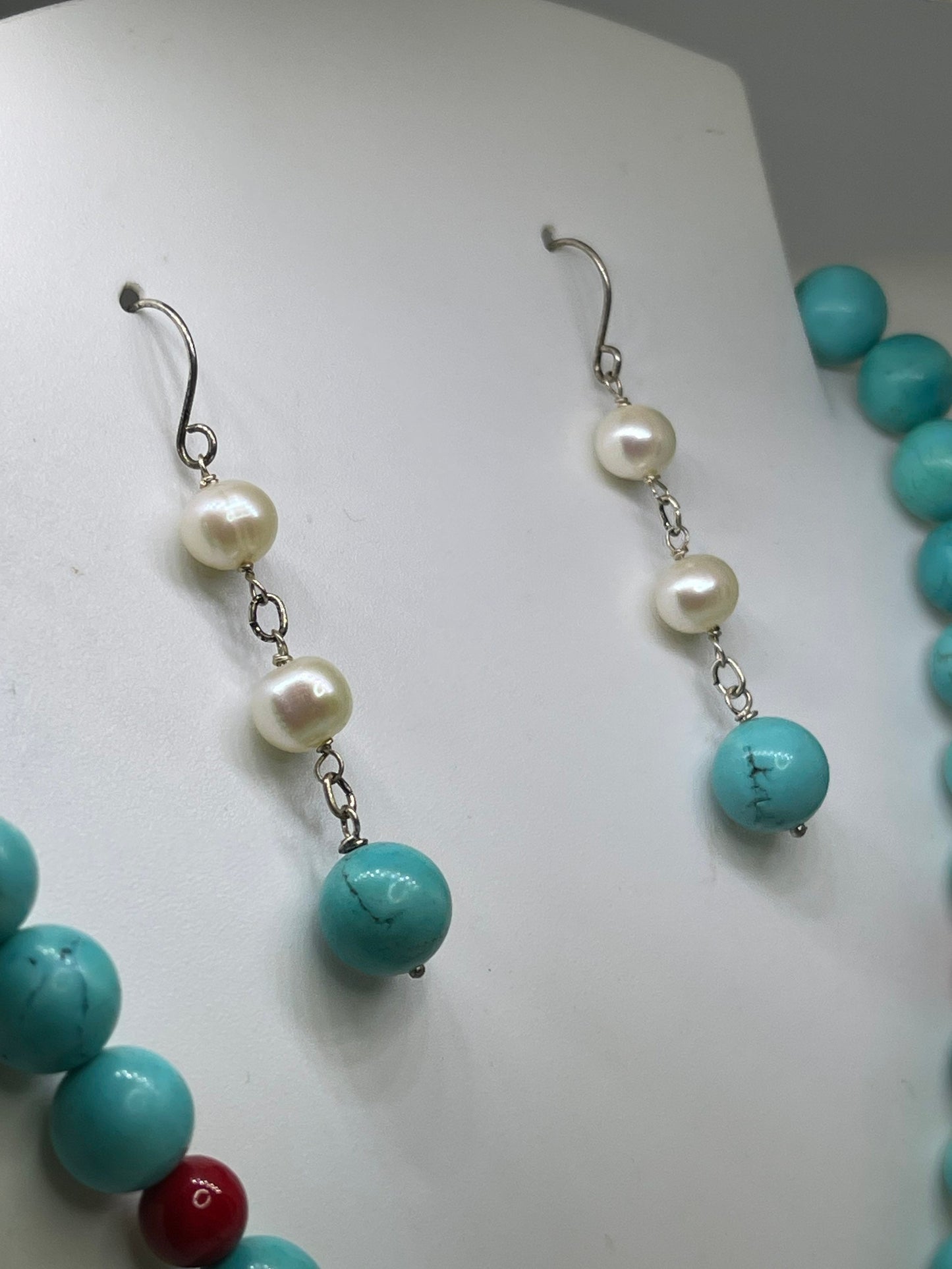 Handmade Turquoise Marcasite Aquamarine Coral & Pearl Sterling Silver Necklace And Earrings Set