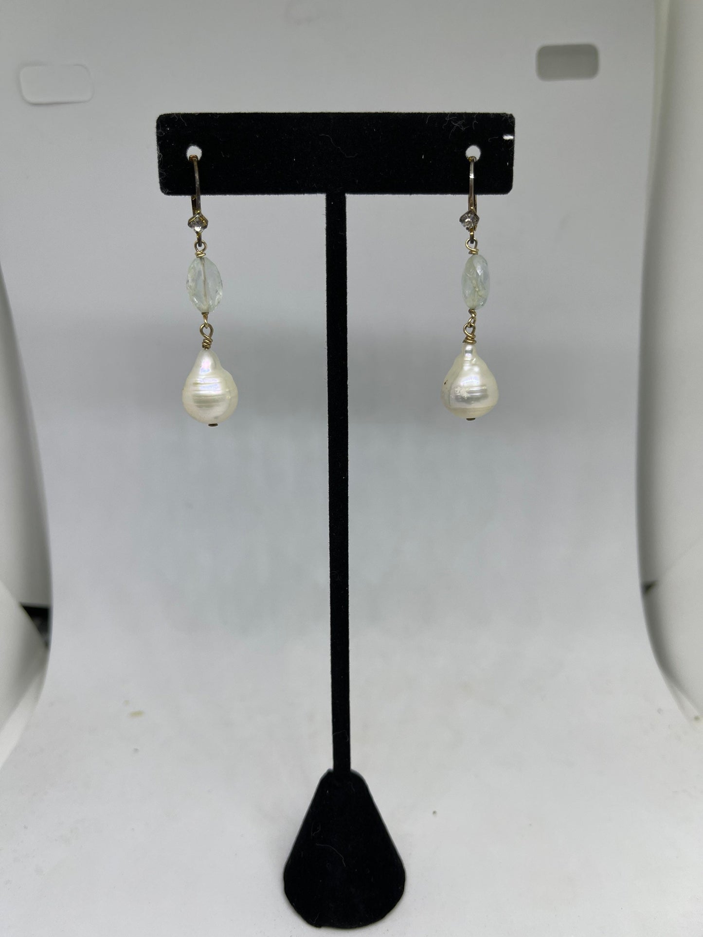 Natural Aquamarine Freshwater Pearl White Topaz Sterling Silver Dangle Earrings