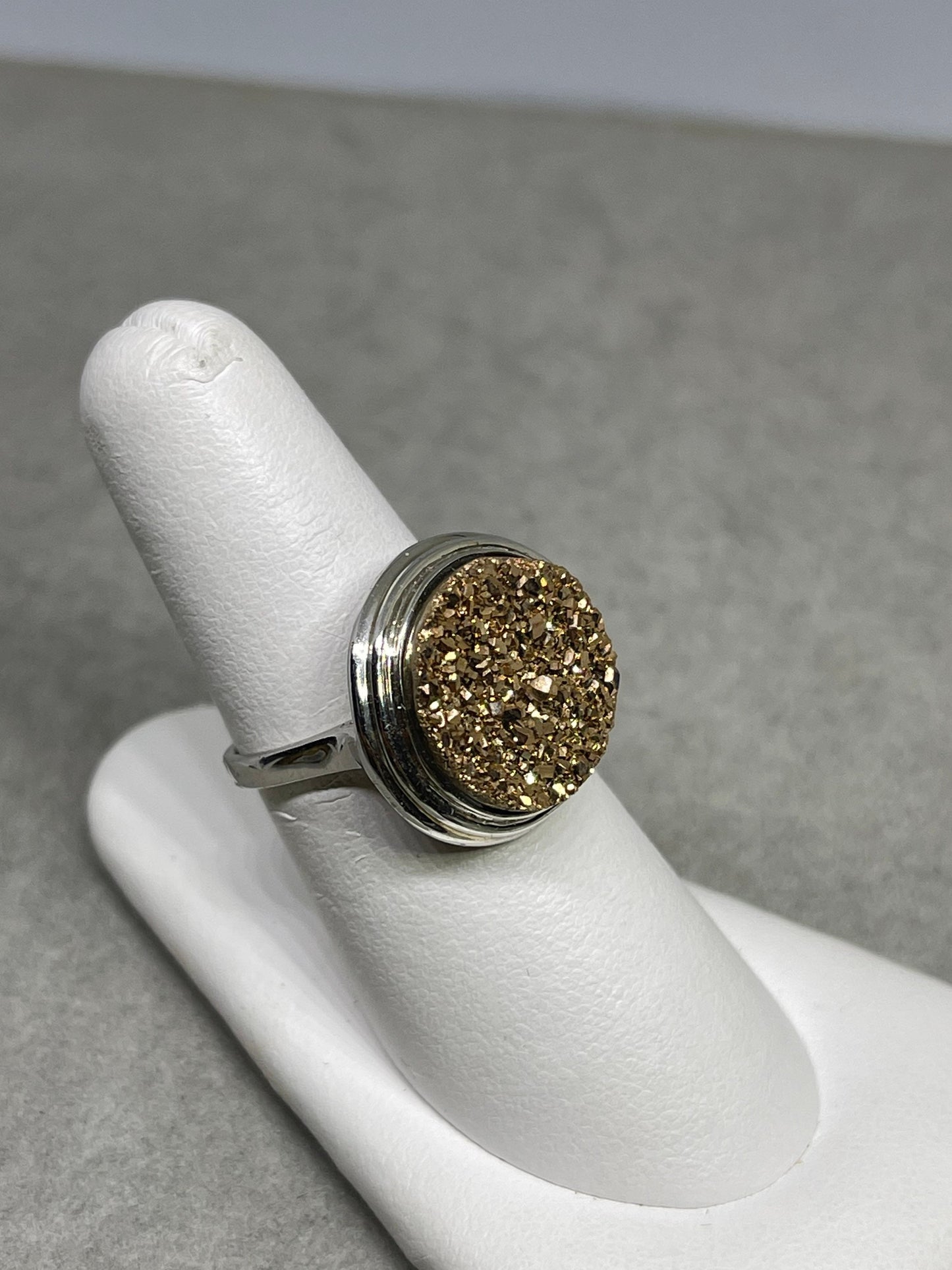 Gold Druzy Quartz Bezel Set Sterling Silver Ring (Size 7)