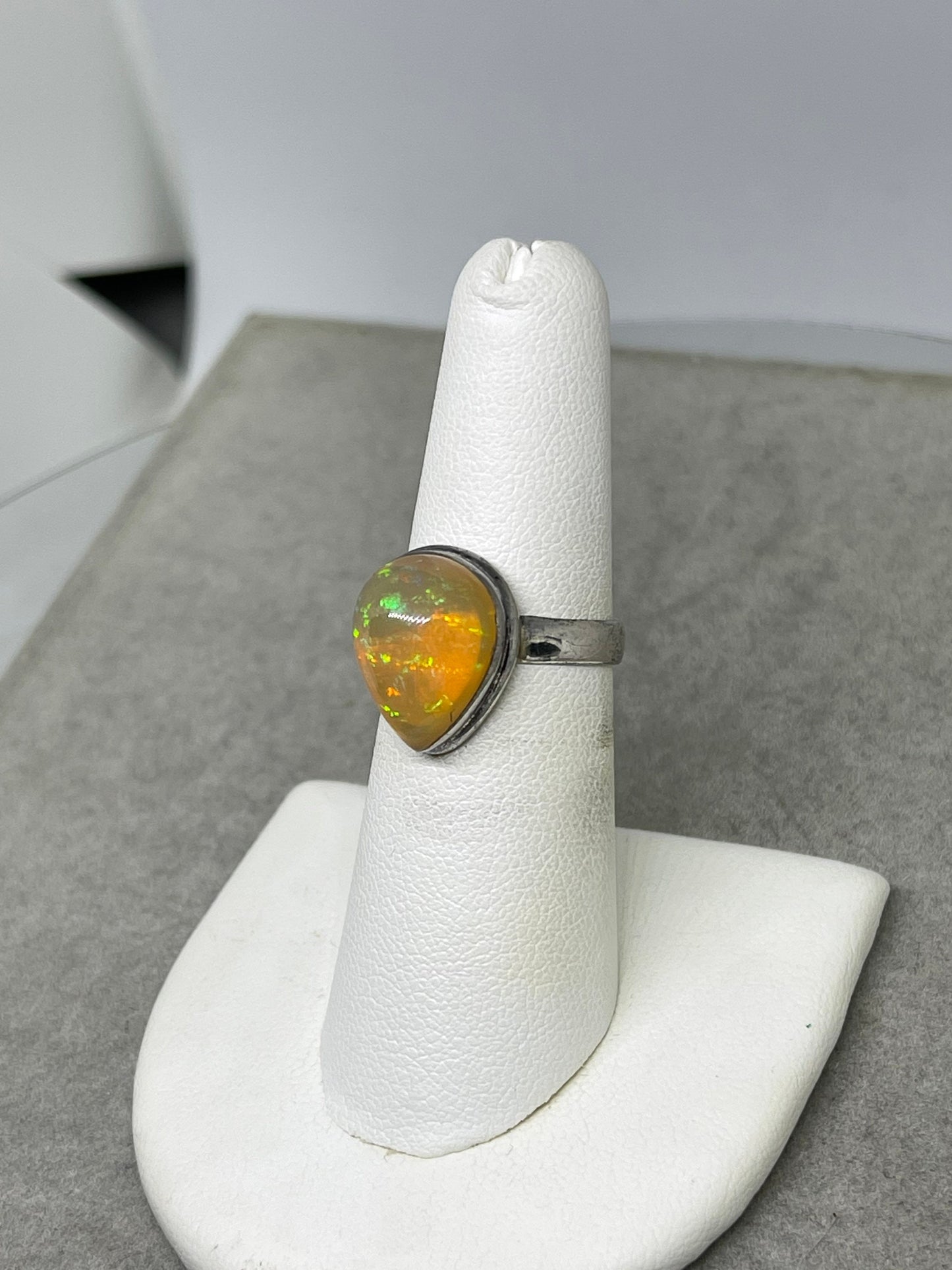 Pear Ethiopian Opal Sterling Silver Ring (Size 6)