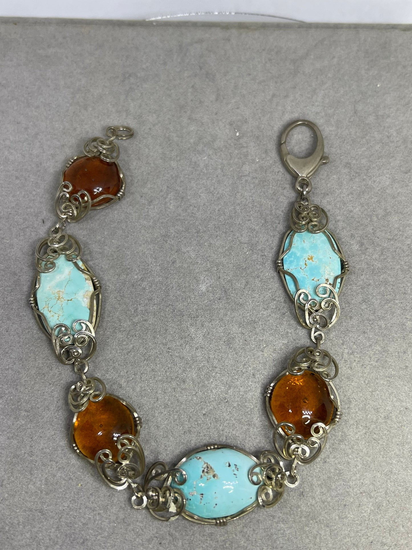 Natural Turquoise & Amber Sterling Silver Wire Wrapped Handmade Bracelet