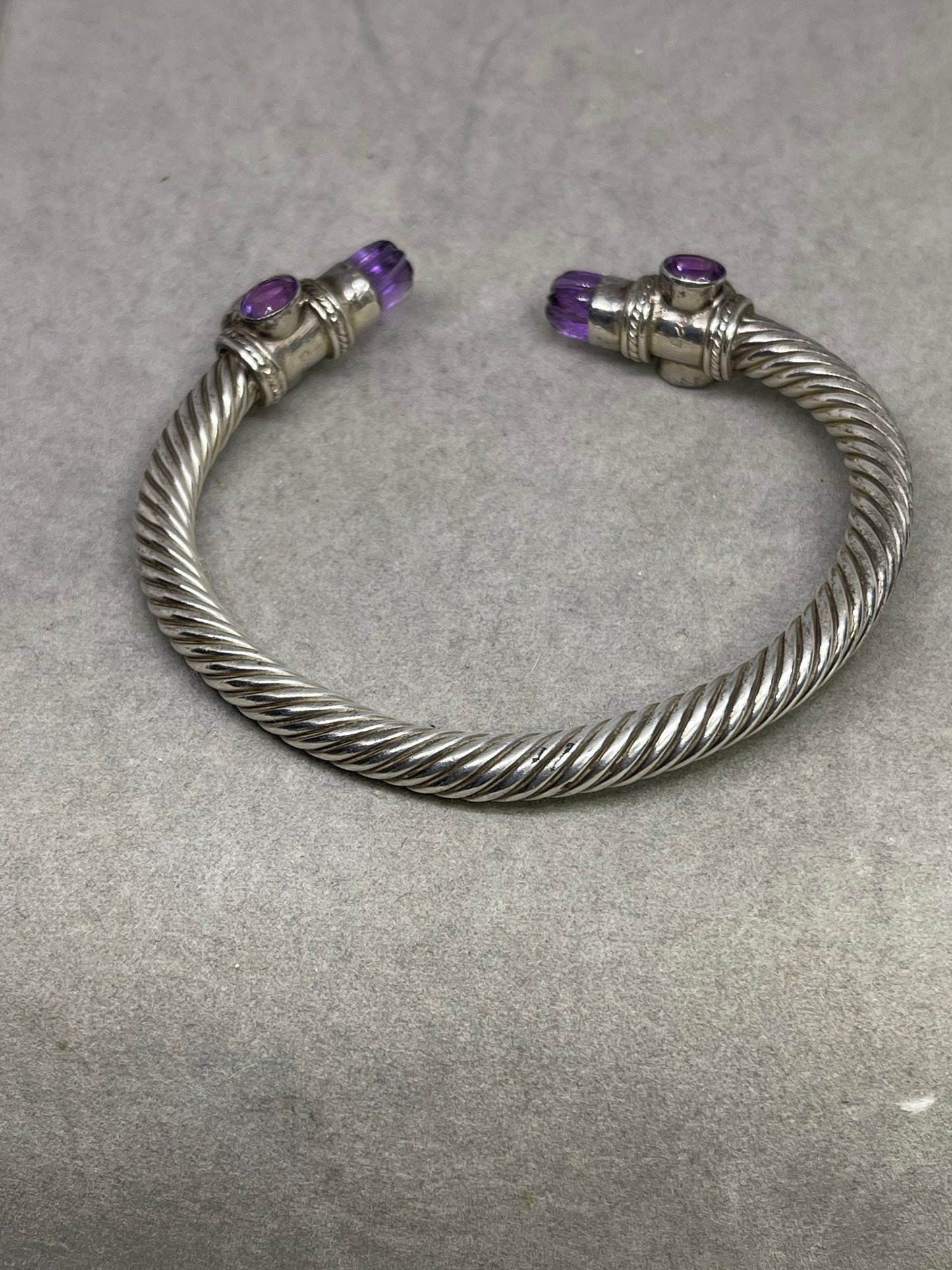 Amethyst Sterling Silver Cable Bangle Adjustable Bracelet