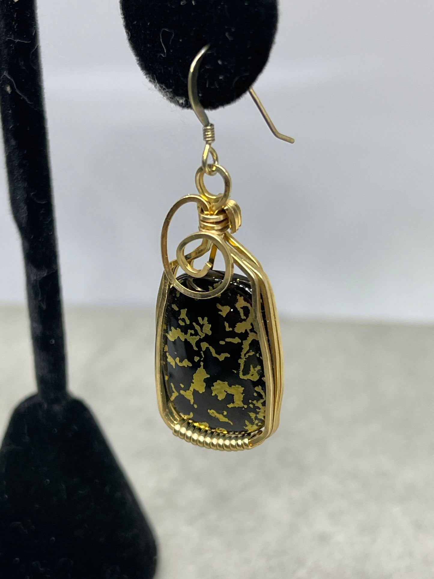 24K Black Jade 14K GF Wire Wrapped Dangle Earrings