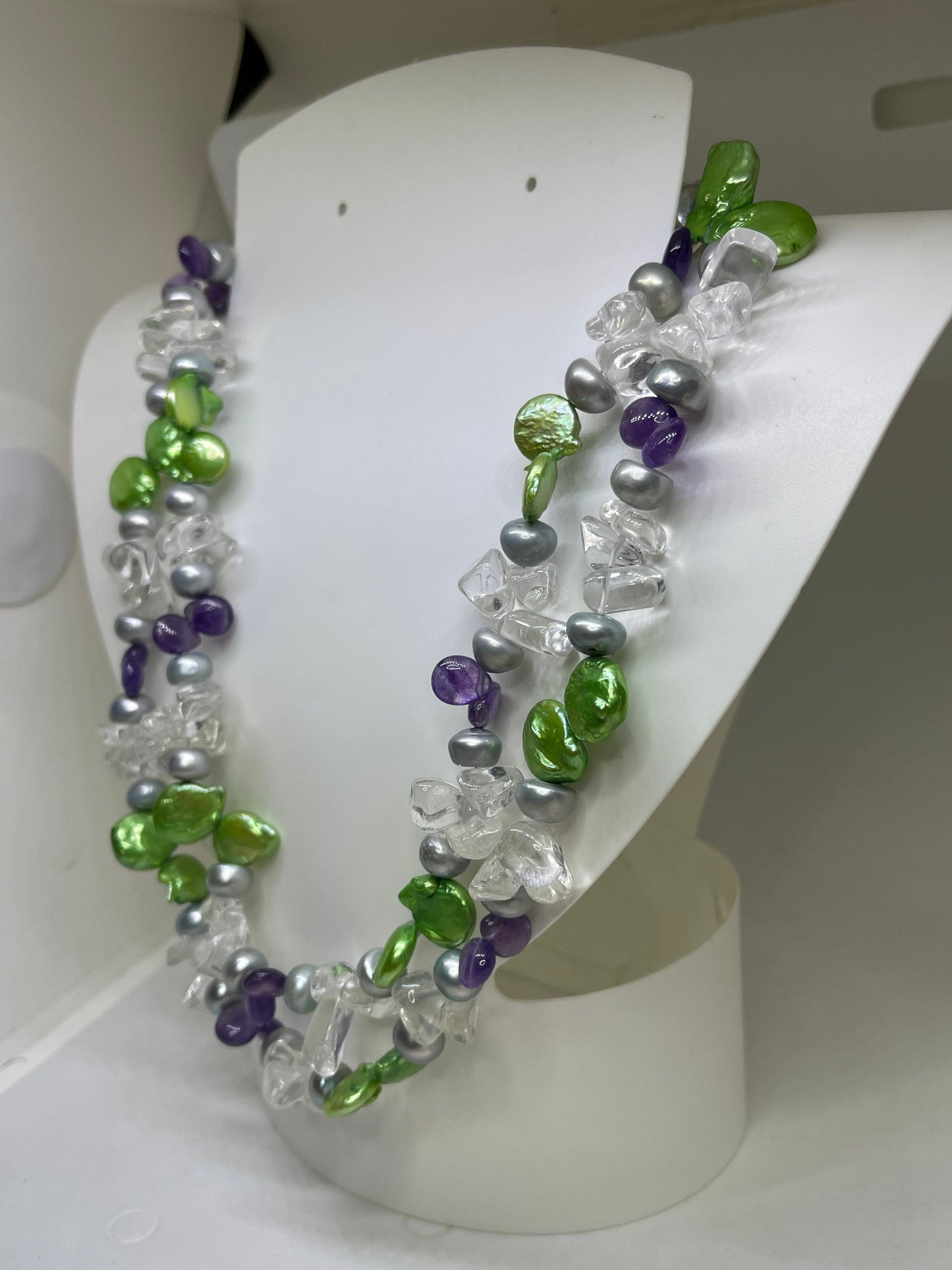 Freshwater Pearl Amethyst Quartz Double Strand Adjustable Sterling Silver Clasp Necklace (17-32 inches)