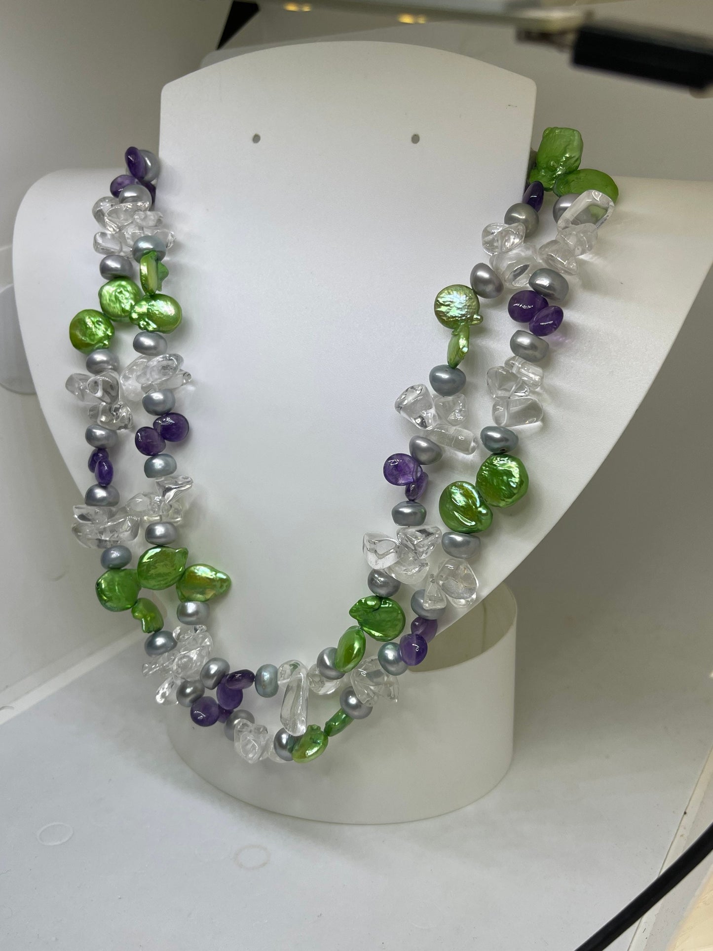 Freshwater Pearl Amethyst Quartz Double Strand Adjustable Sterling Silver Clasp Necklace (17-32 inches)