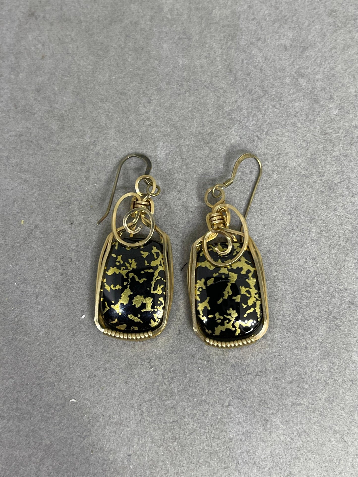 24K Black Jade 14K GF Wire Wrapped Dangle Earrings