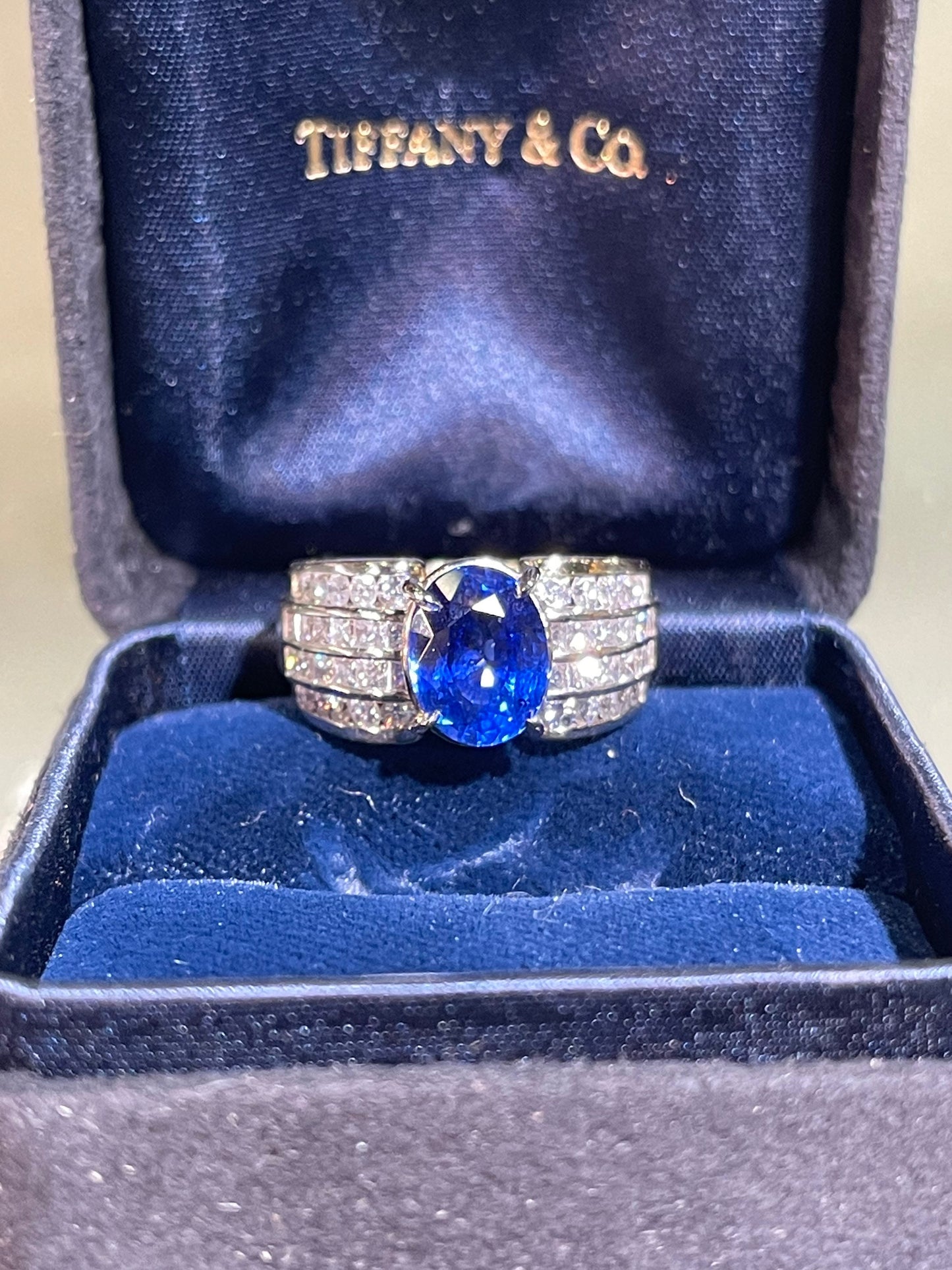 GIA Certified Tiffany & Co. 3.38 CT Blue Sapphire And 1.83 CT Diamond 18K Gold Ring (Size 7)